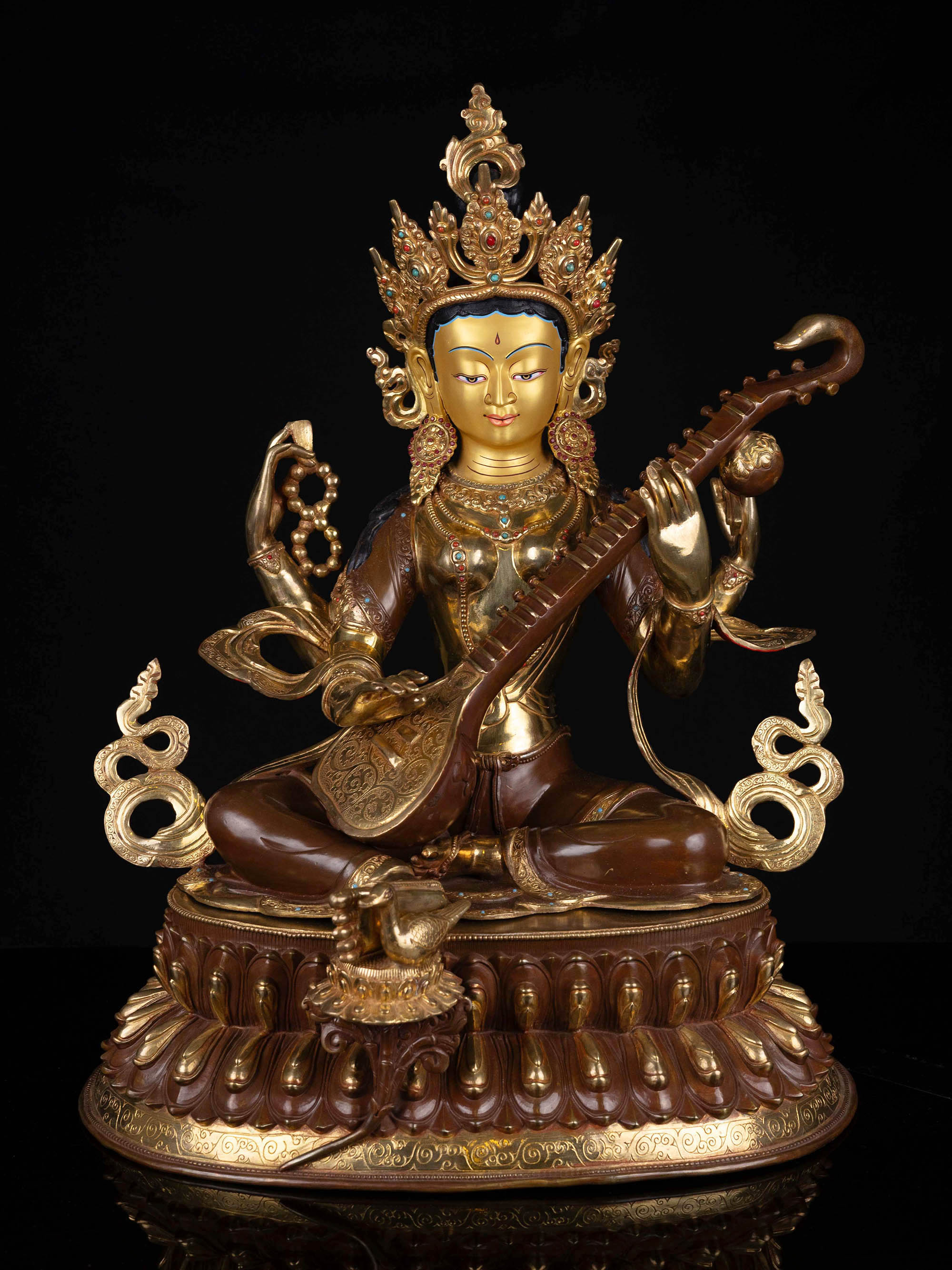 [saraswati], Buddhist Statue, [partly Gold Plated With Extra Gold], [face Painted]