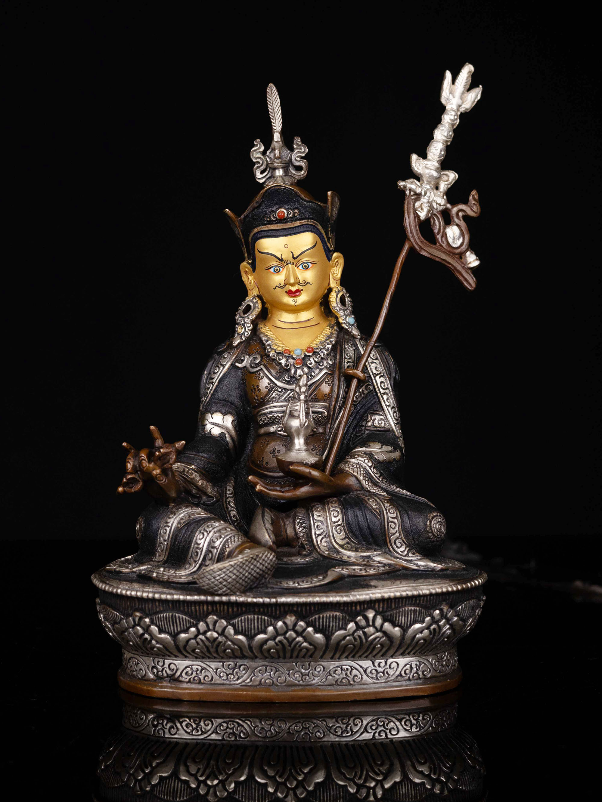 [padmasambhava], Buddhist Statue, [silver And Chocolate Oxidized], [face Painted]