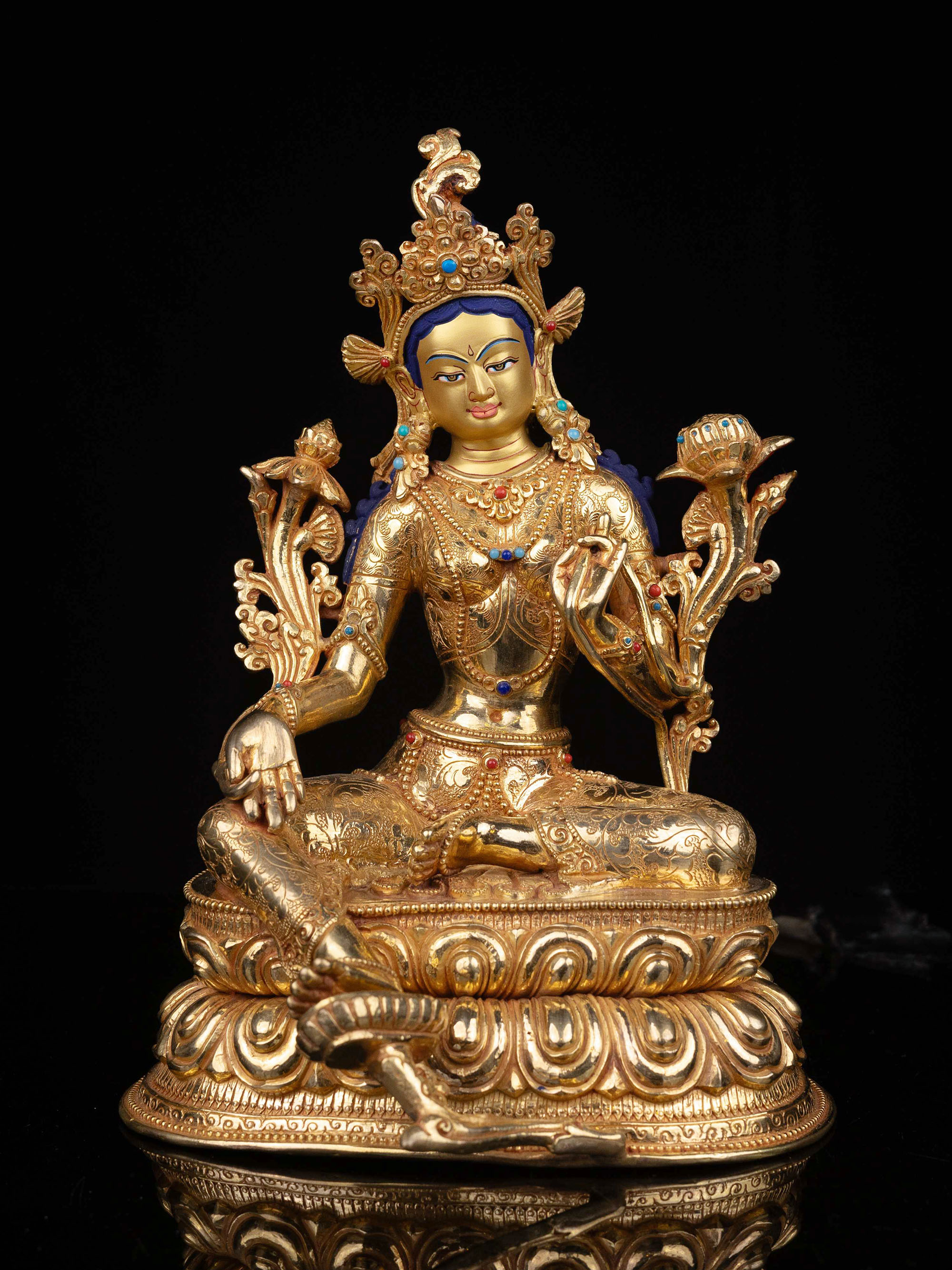 [green Tara], Buddhist Statue, [full Gold Plated], [stone Setting], [face Painted]