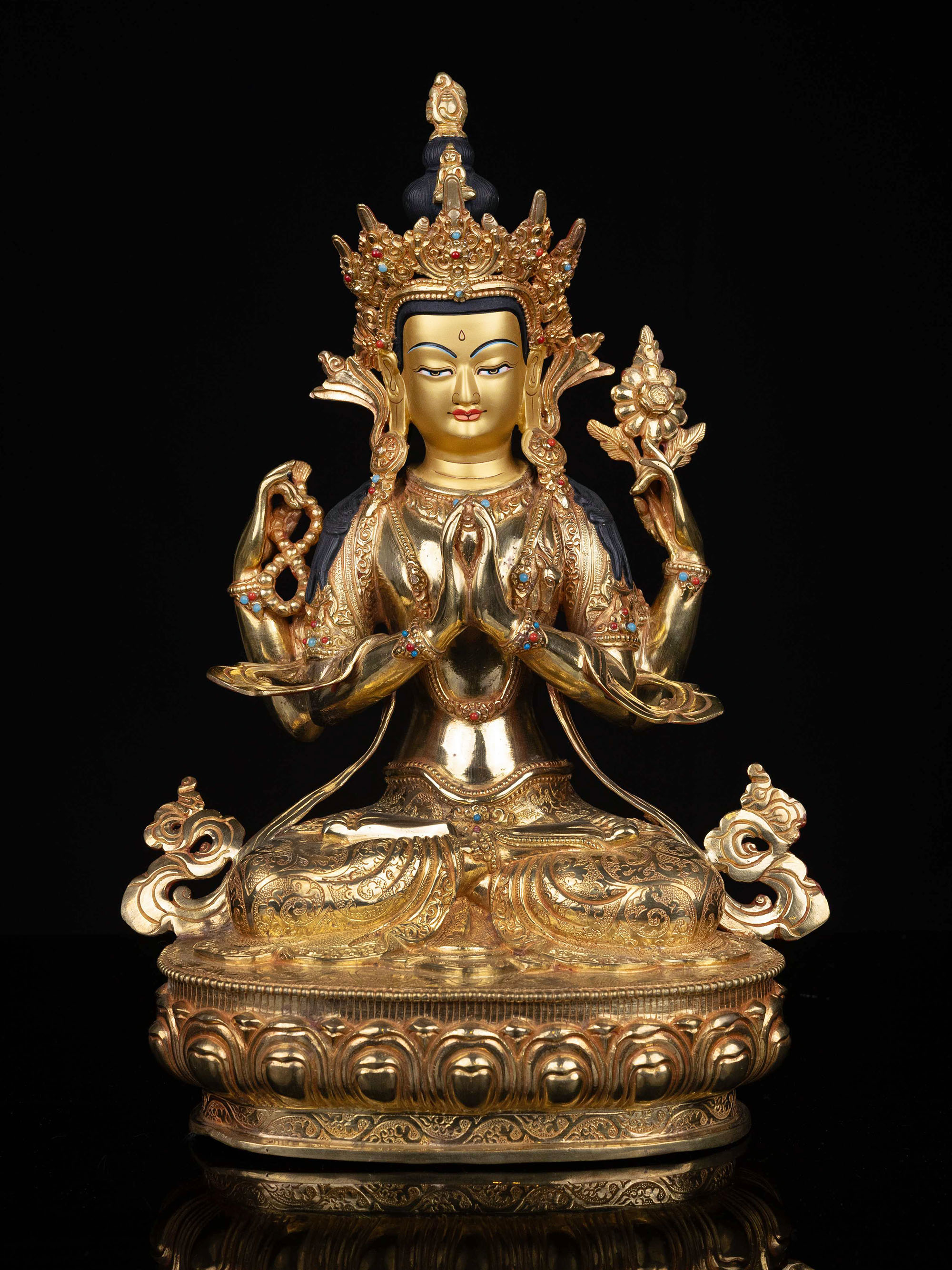 [chenrezig] Buddhist Statue, [full Gold Plated], [stone Setting], [face Painted]