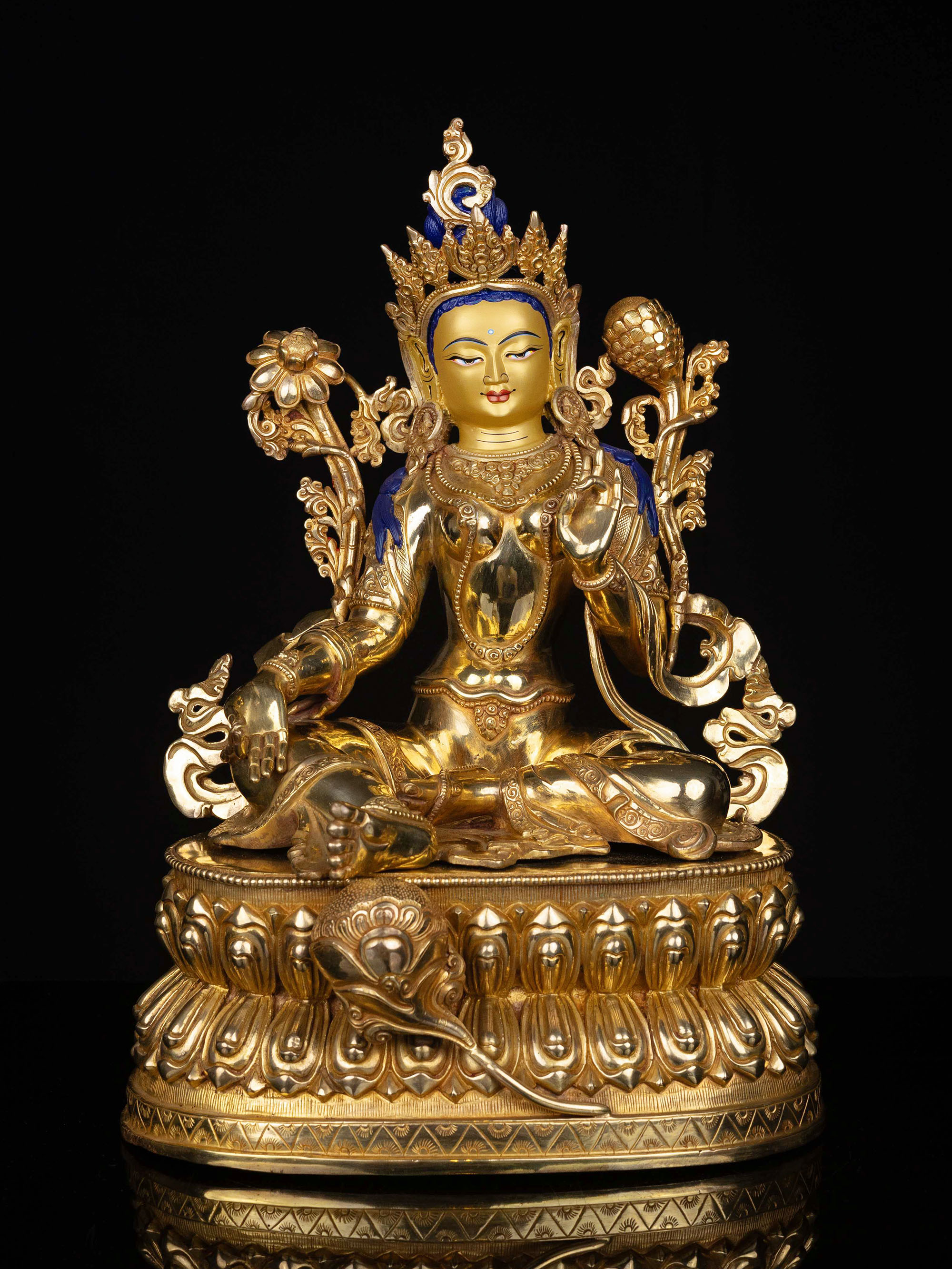 [green Tara] Buddhist Statue, [full Gold Plated], [stone Setting], [face Painted]