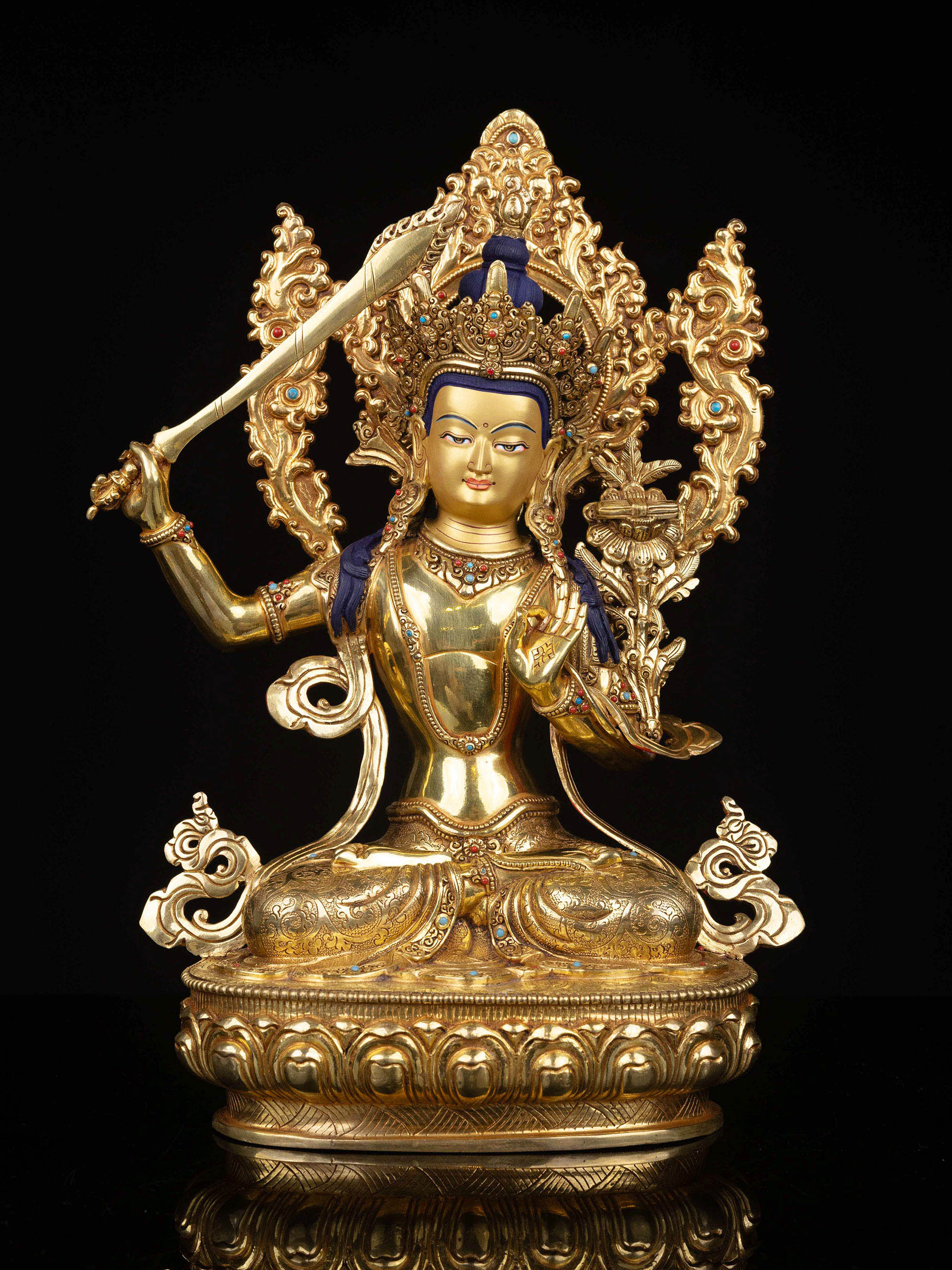 [manjushri] Buddhist Statue, [full Gold Plated], [stone Setting], [face Painted]