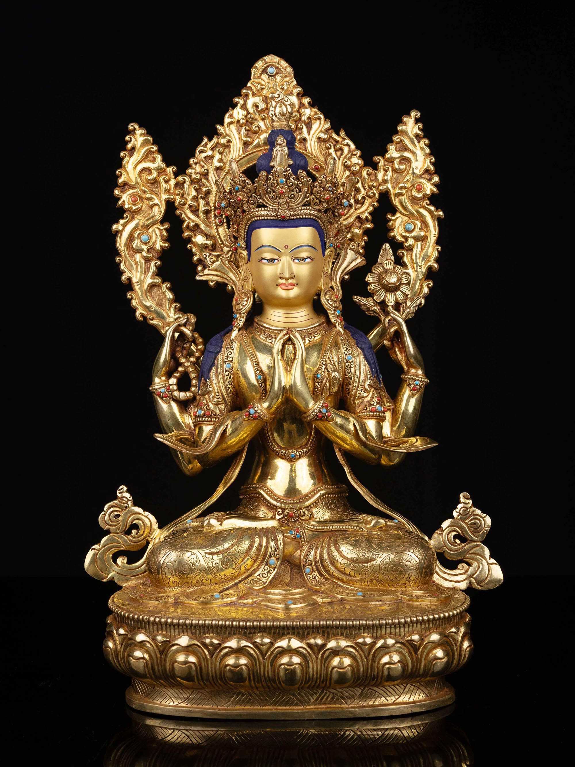 [chenrezig] Buddhist Statue, [full Gold Plated], [stone Setting], [face Painted]