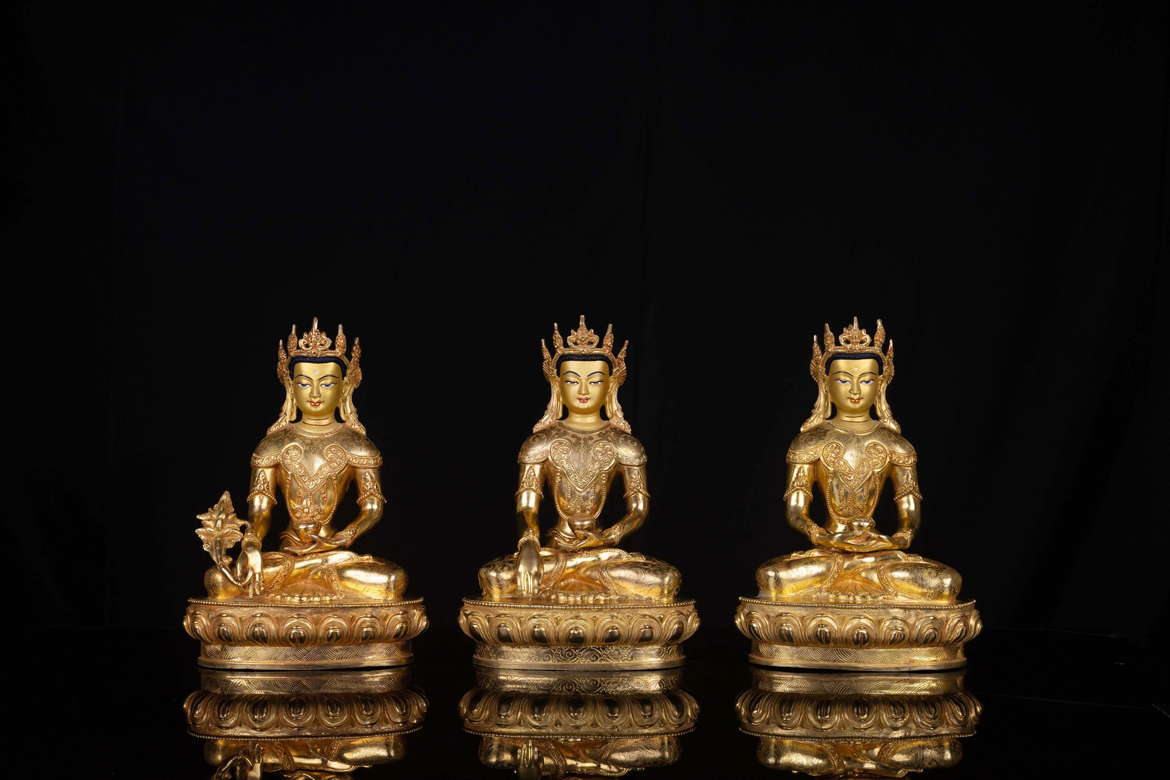 [medicine Buddha], [shakyamuni Buddha] And [amitabha Buddha] Set, Buddhist Statue, [full Gold Plated], [face Painted]