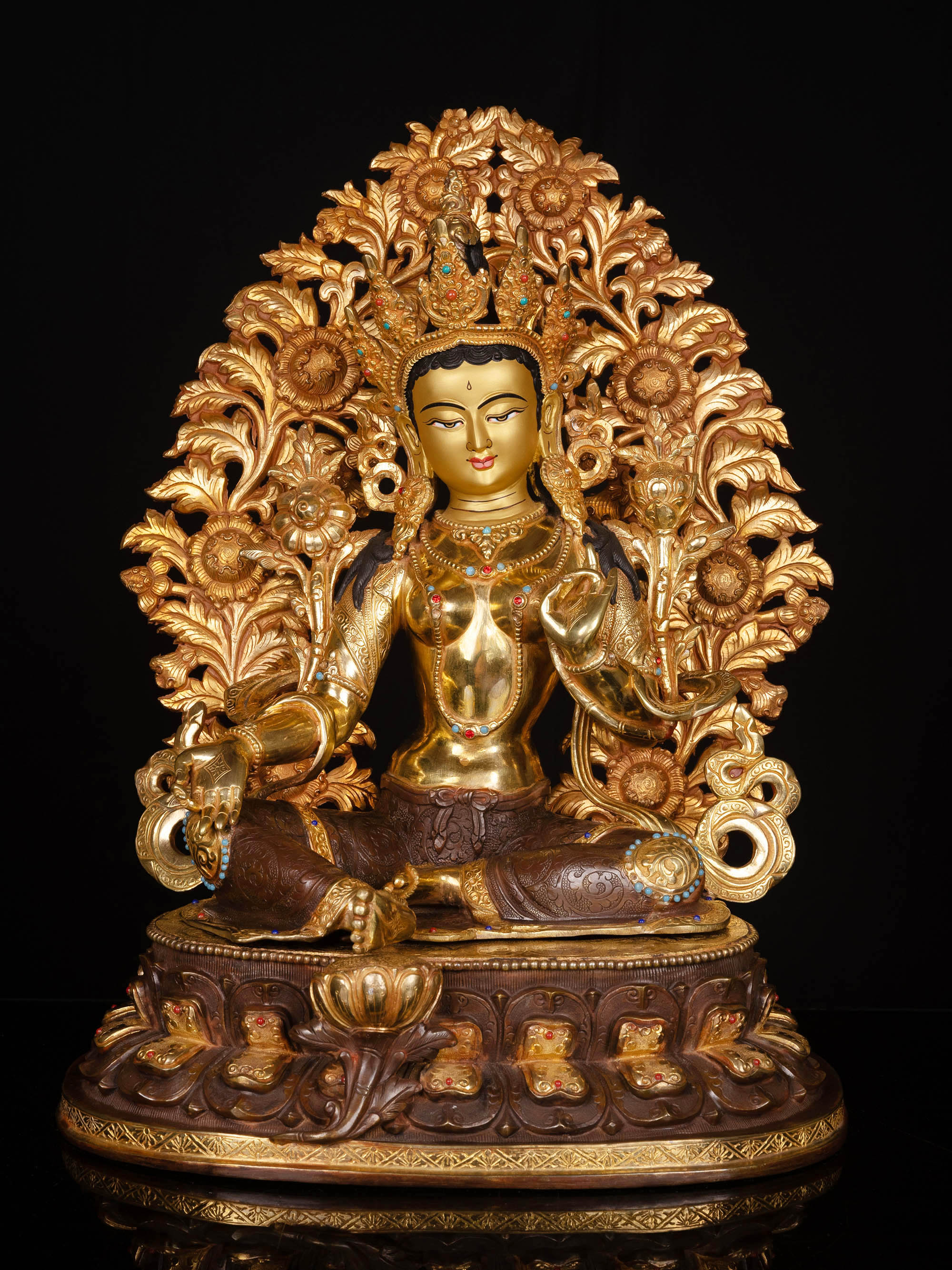 [green Tara], Buddhist Handmade Statue, [partly Gold Plated With Extra Gold], [face Painted]