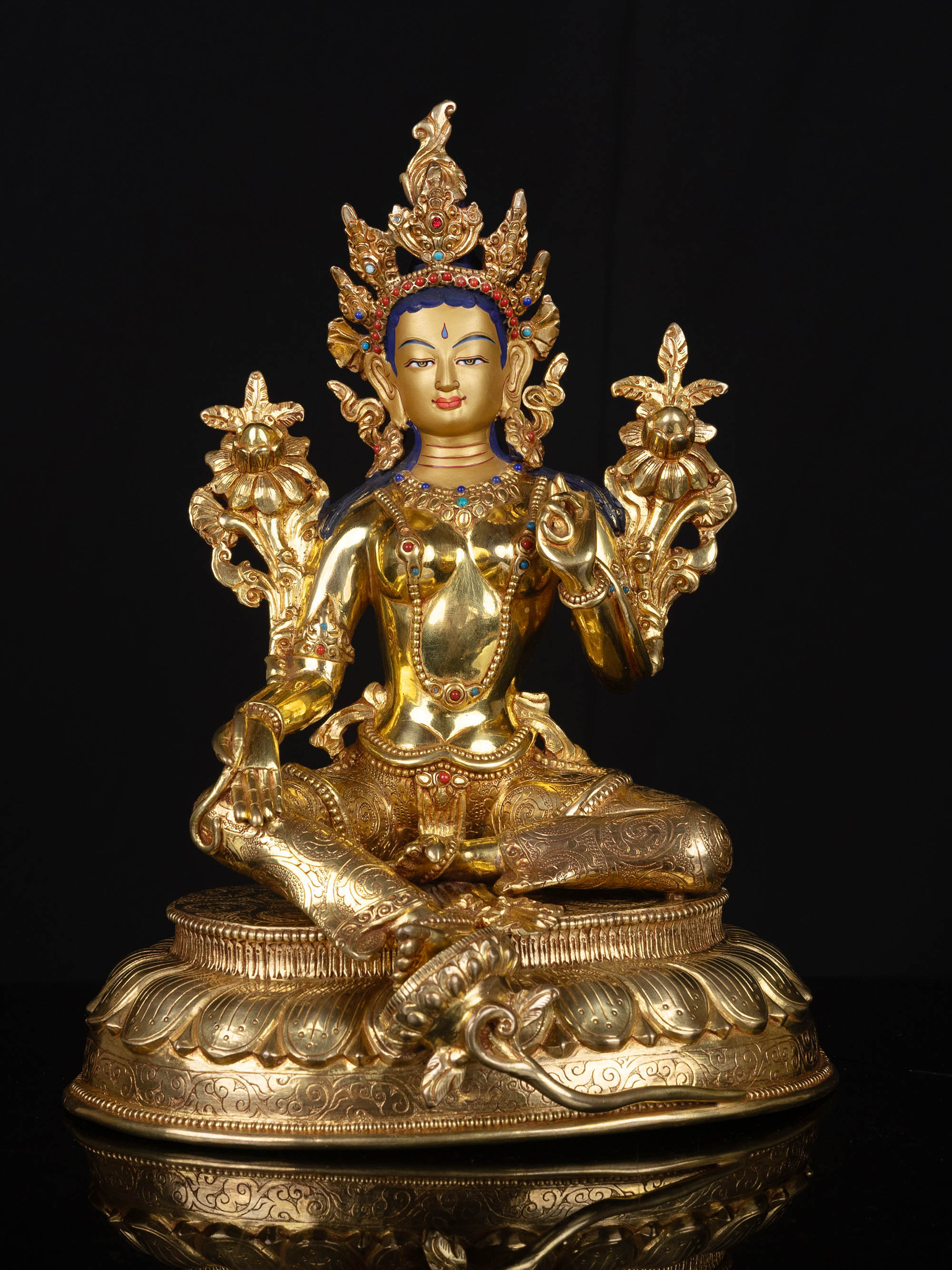 [green Tara], Buddhist Handmade Statue, [full Gold Plated], [face Painted]