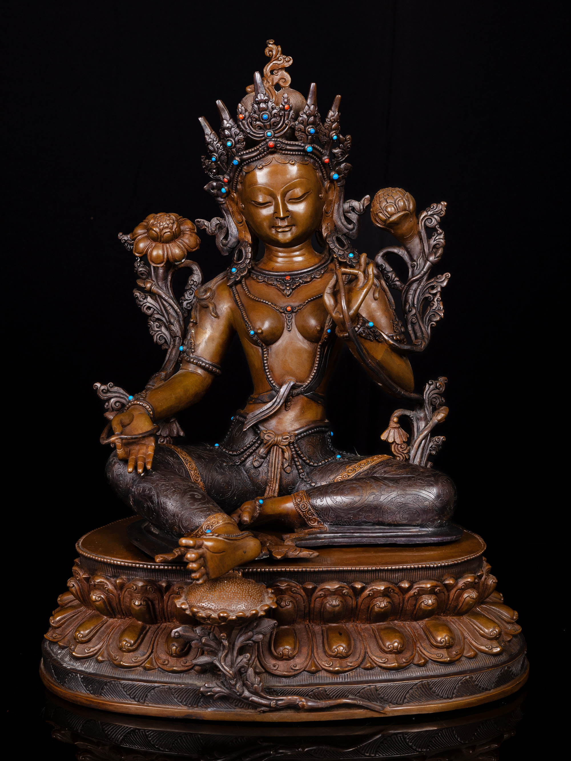 [green Tara] With Double Base, Buddhist Handmade Statue, [chocolated Oxidized]