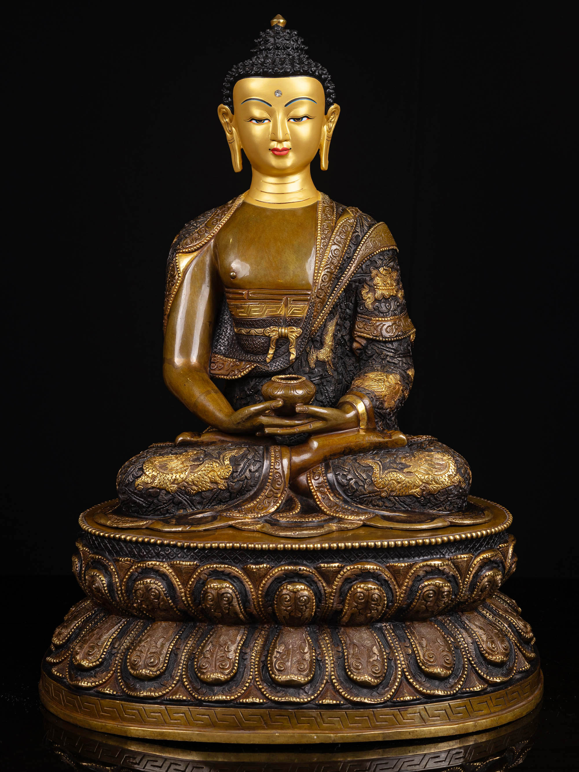 [amitabha Buddha] With Double Base, Buddhist Handmade Statue, [chocolate Oxidized], [face Painted]