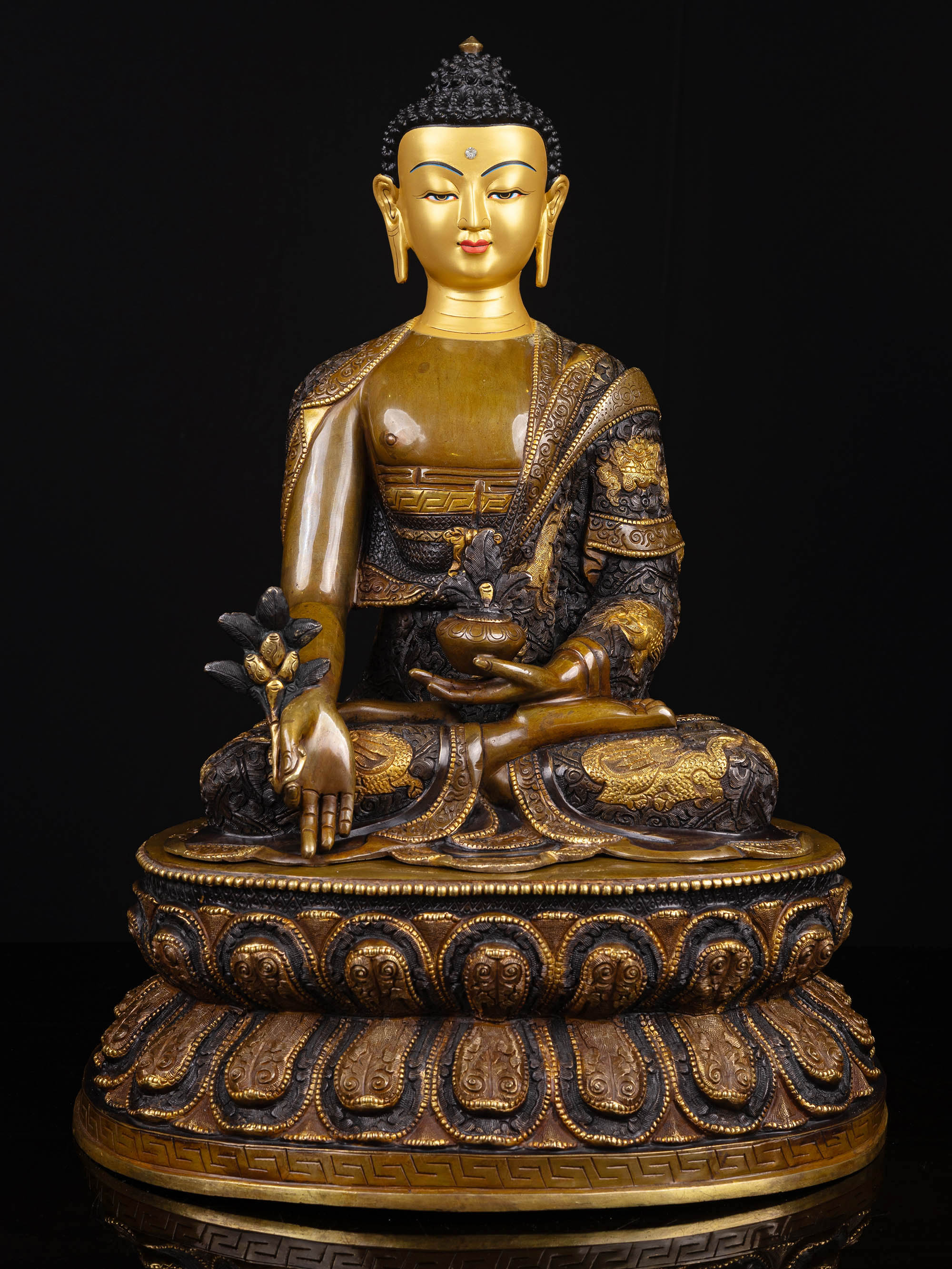 [medicine Buddha] With Double Base, Buddhist Handmade Statue, [chocolate Oxidized], [face Painted]