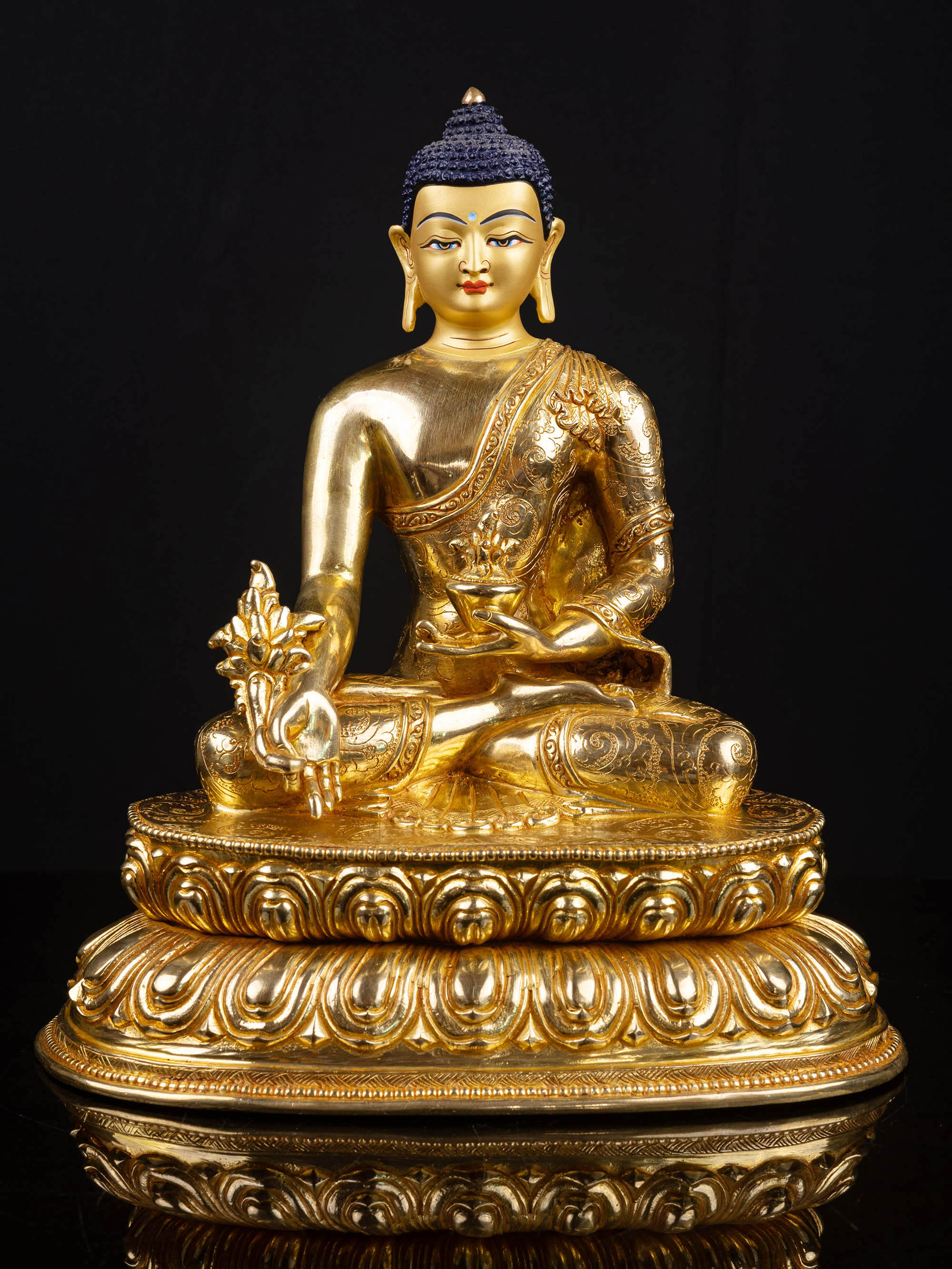 [medicine Buddha] With Double Base, Buddhist Handmade Statue, [full Gold Plated], [face Painted]