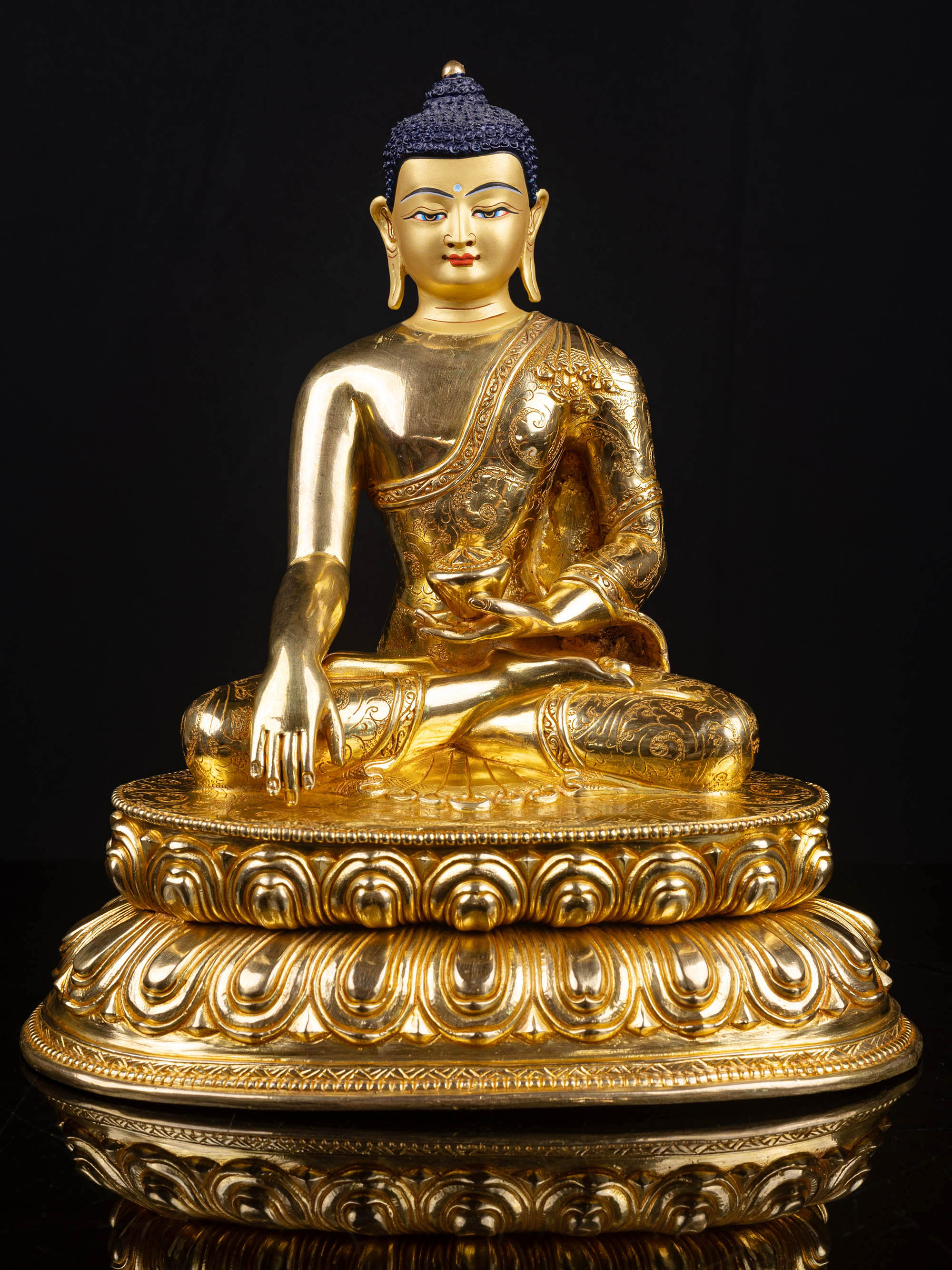 [shakyamuni Buddha] With Double Base, Buddhist Handmade Statue, [full Gold Plated], [face Painted]
