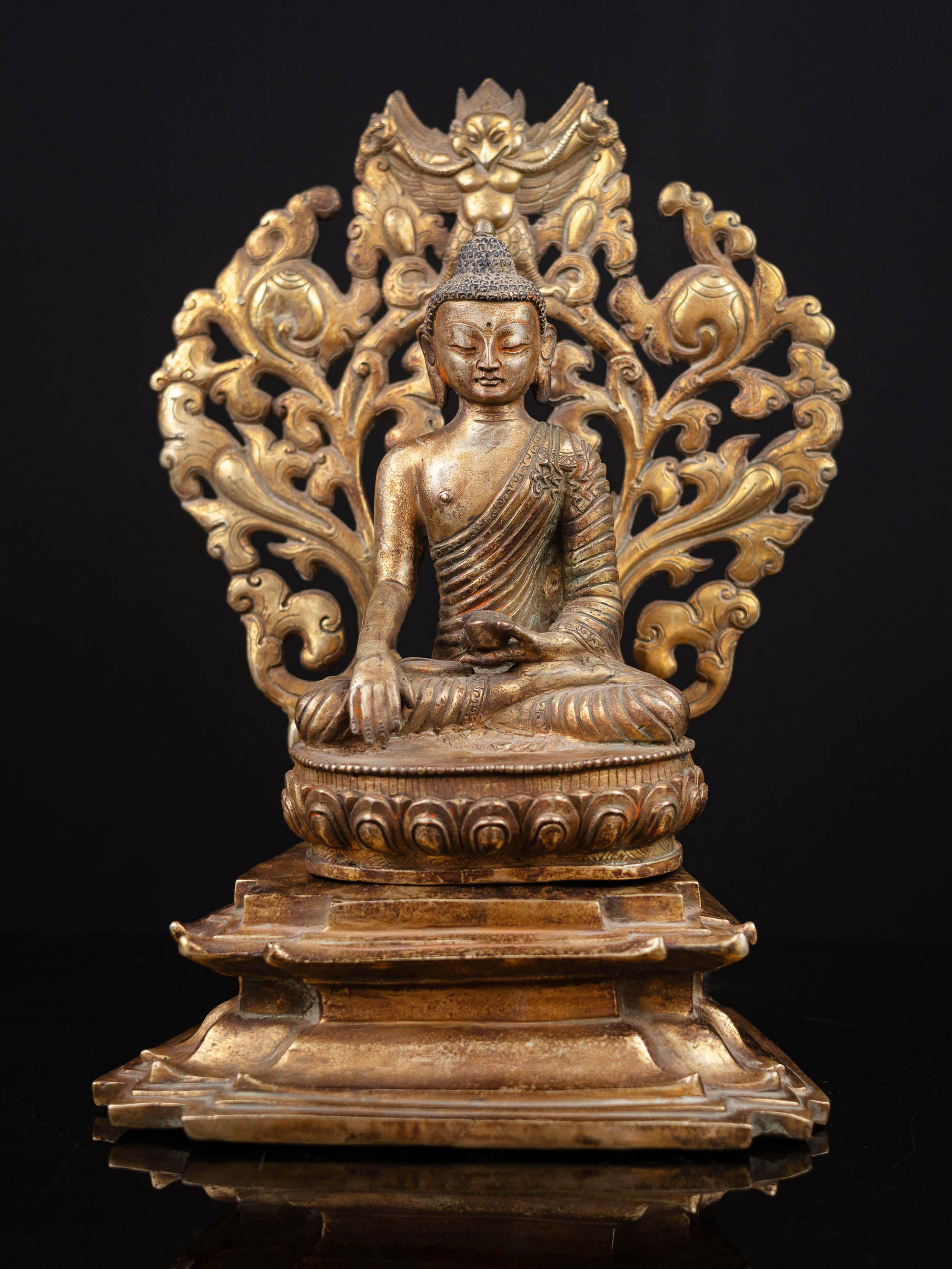 [shakyamuni Buddha] On Throne, Buddhist Handmade Statue, [full Gold Plated], [antique Finishing]