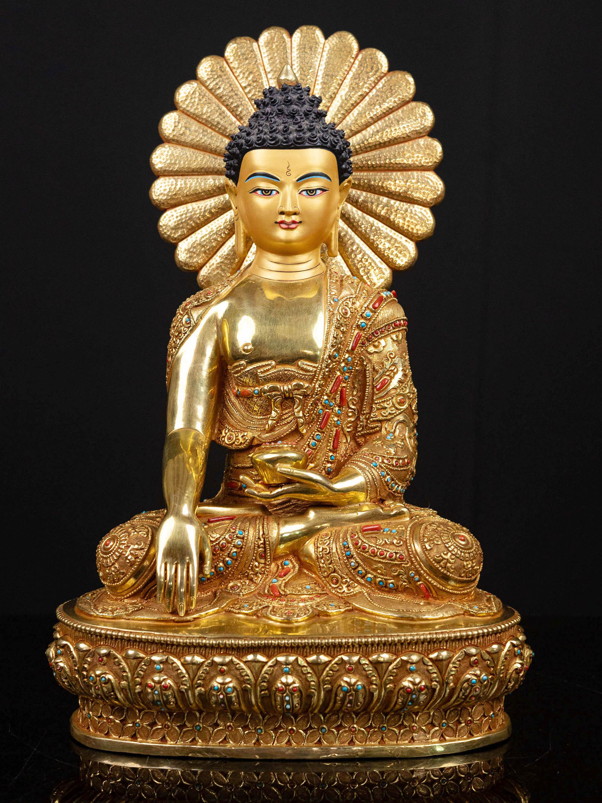[shakyamuni Buddha], Buddhist Handmade Statue, [full Gold Plated], [stone Setting], [face Painted]