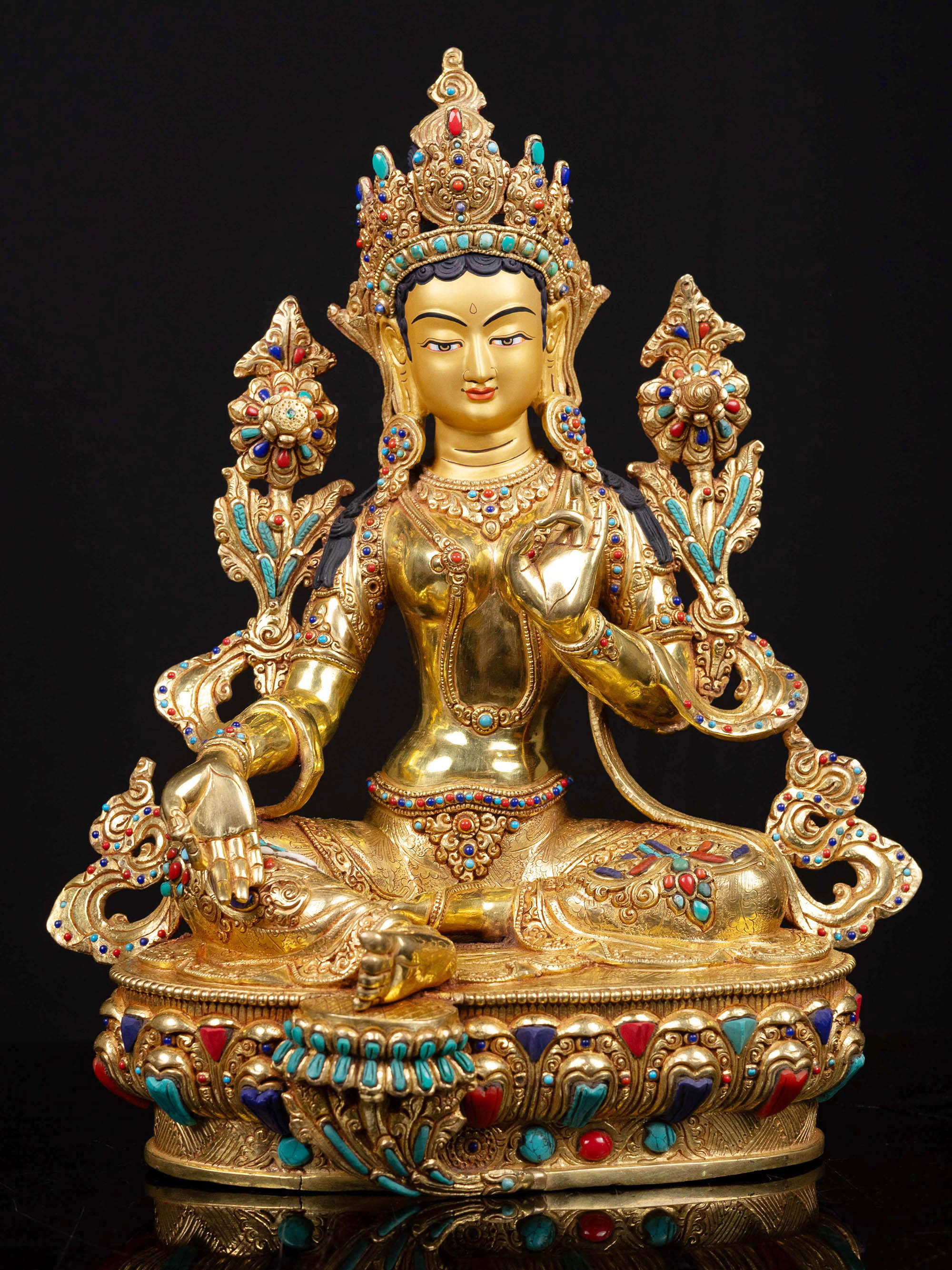 [green Tara], Buddhist Handmade Statue, [full Gold Plated], [stone Setting], [face Painted]