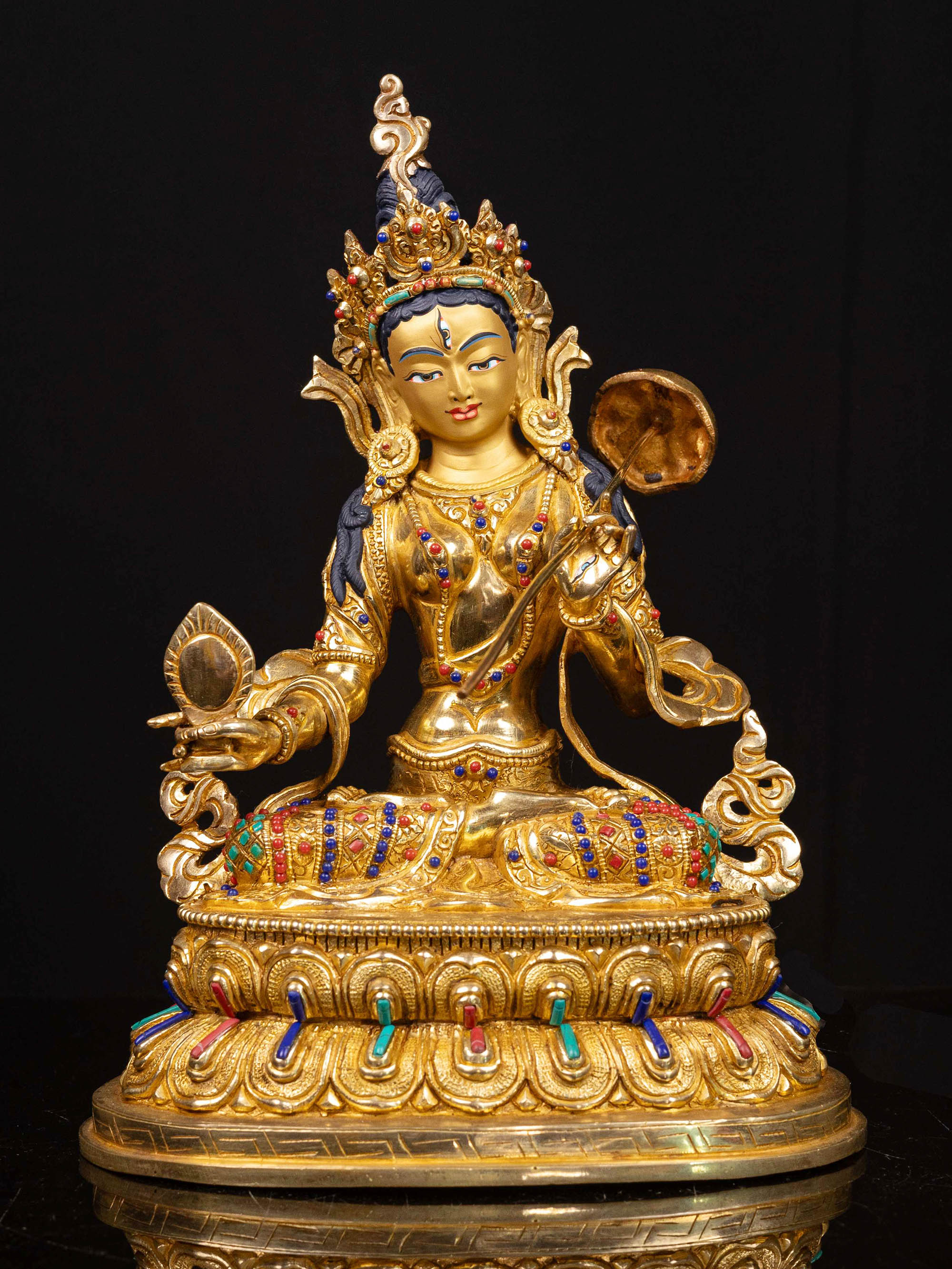 [sitatapatra] With Double Base, Buddhist Handmade Statue, [full Gold Plated], [stone Setting], [face Painted]