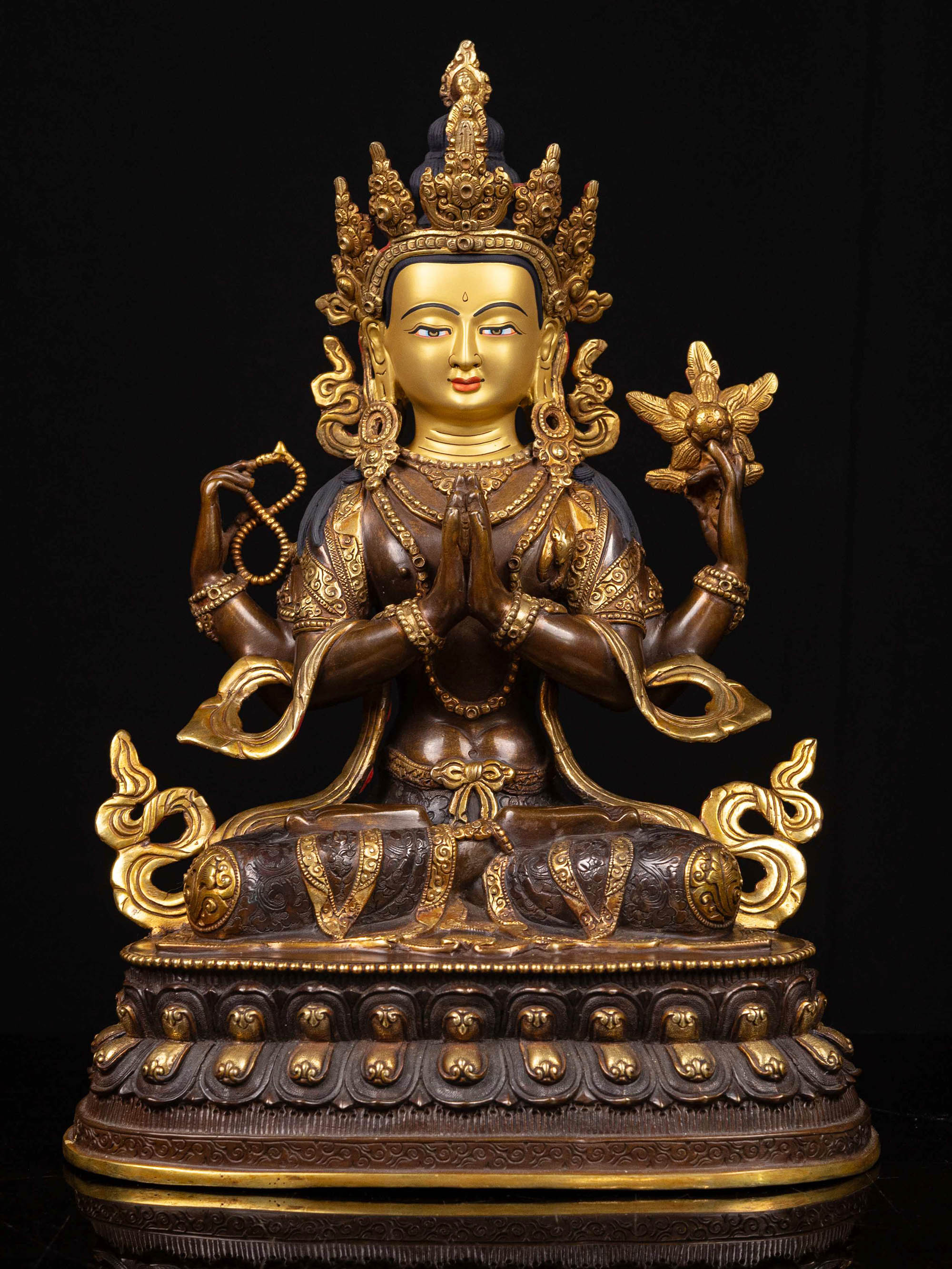 [chenrezig] With Double Base, Buddhist Handmade Statue, [partly Gold Plated], [face Painted]
