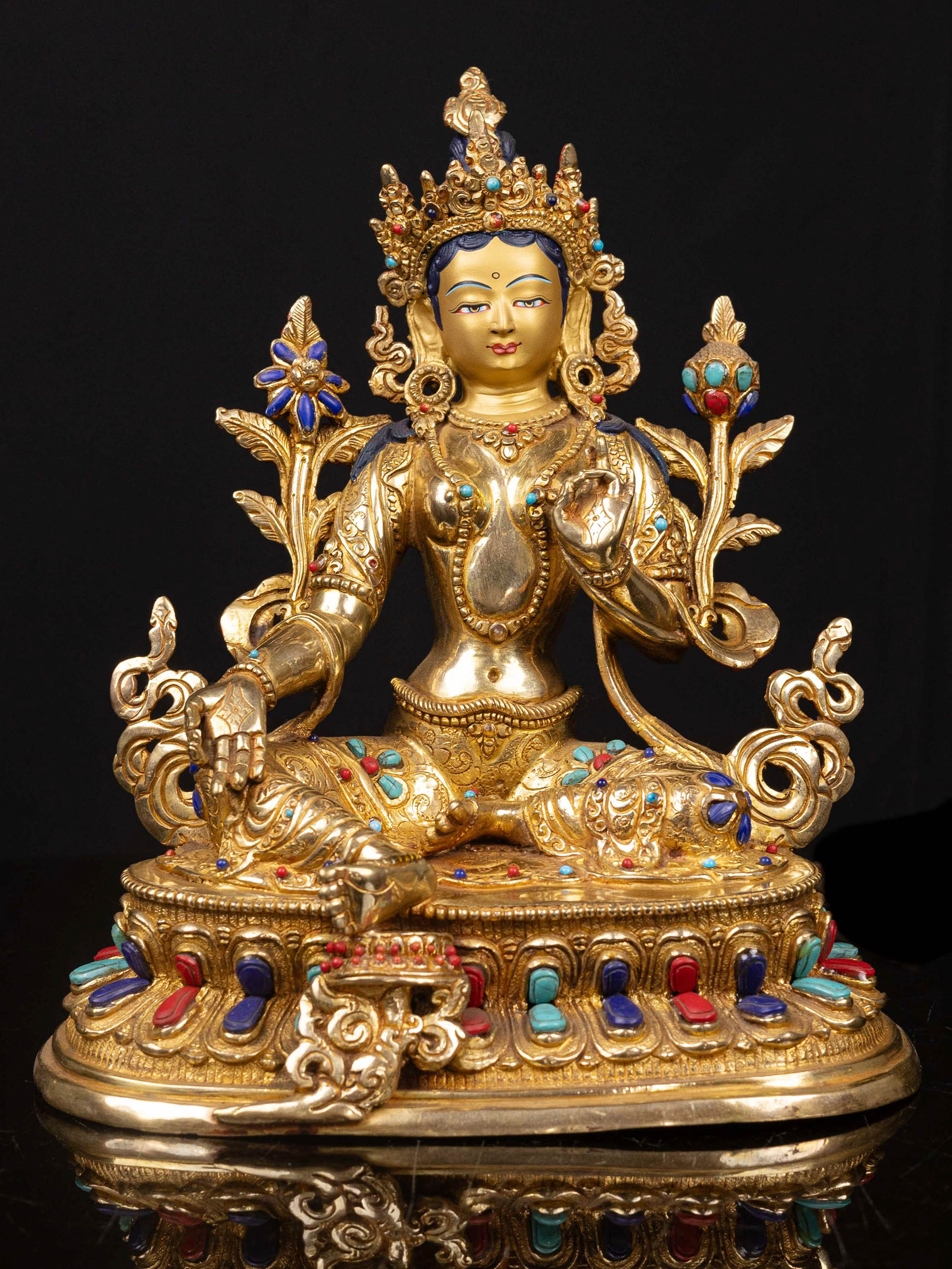 [green Tara] With Double Base, Buddhist Handmade Statue, [full Gold Plated], [stone Setting], [face Painted]