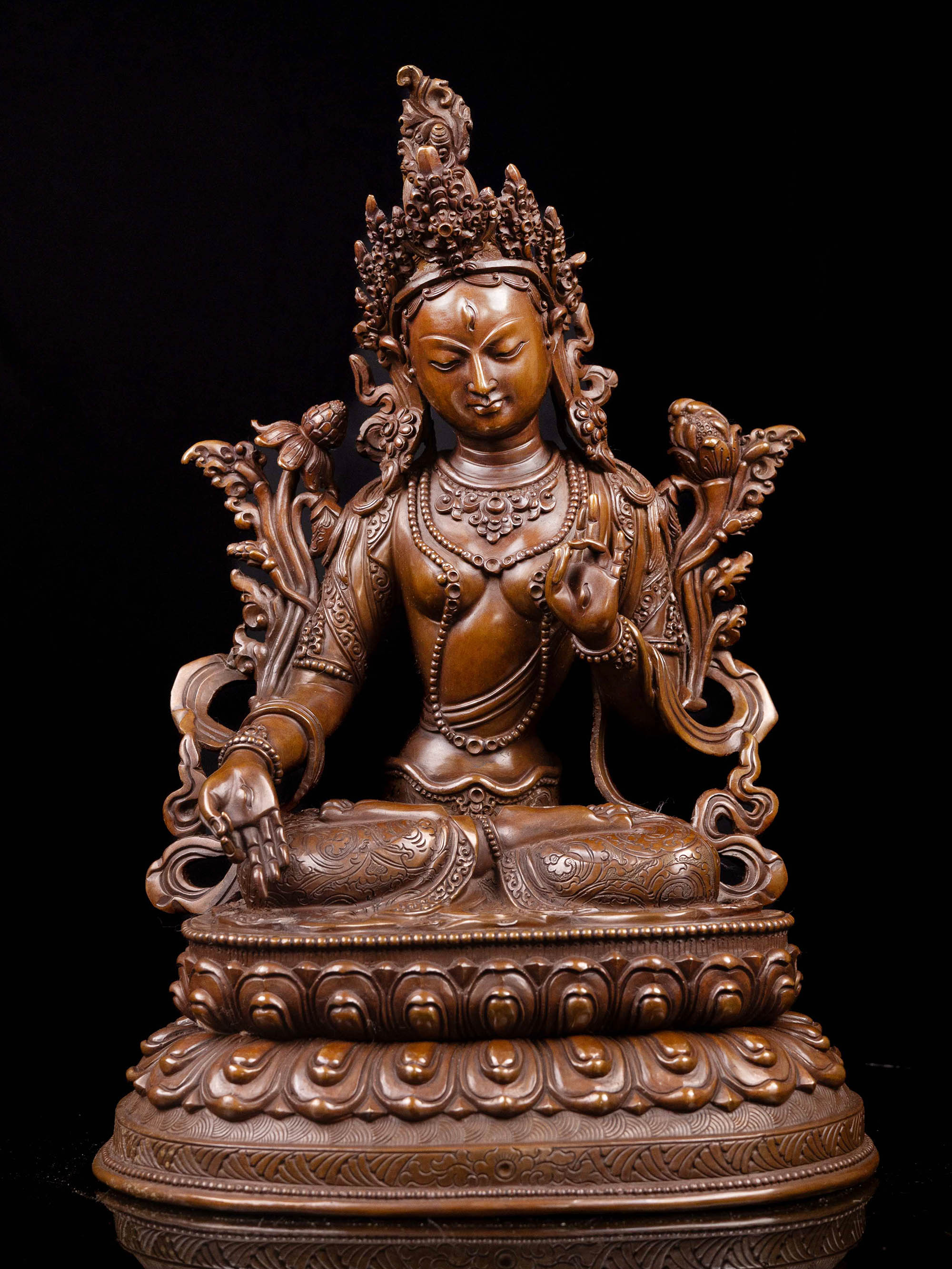 [white Tara] With Double Base, Buddhist Handmade Statue, [chocolate Oxidized]