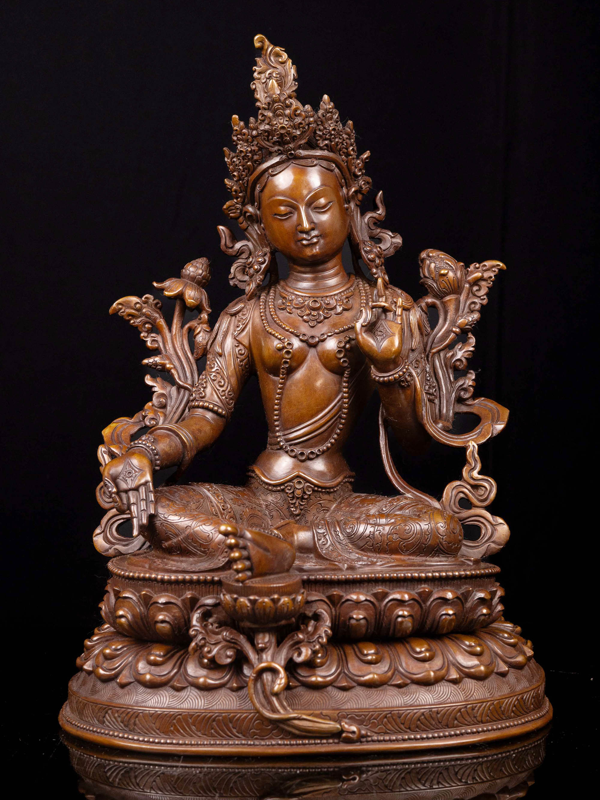 [green Tara] With Double Base, Buddhist Handmade Statue, [chocolate Oxidized]