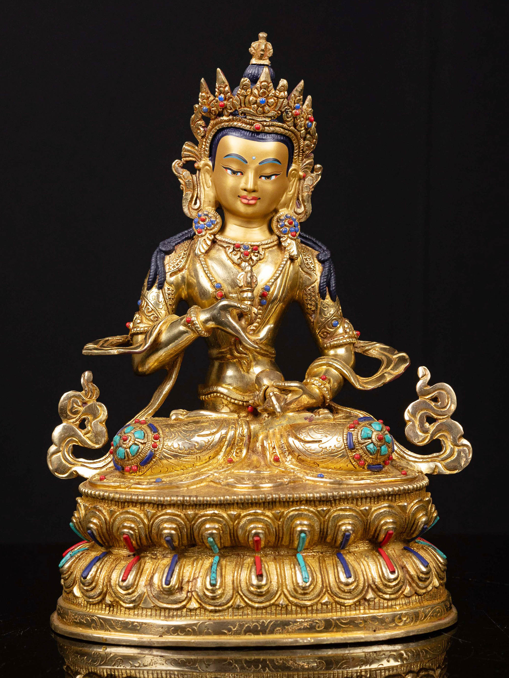 [vajrasattva] With Double Base, Buddhist Handmade Statue, [full Gold Plated], [stone Setting], [face Painted]