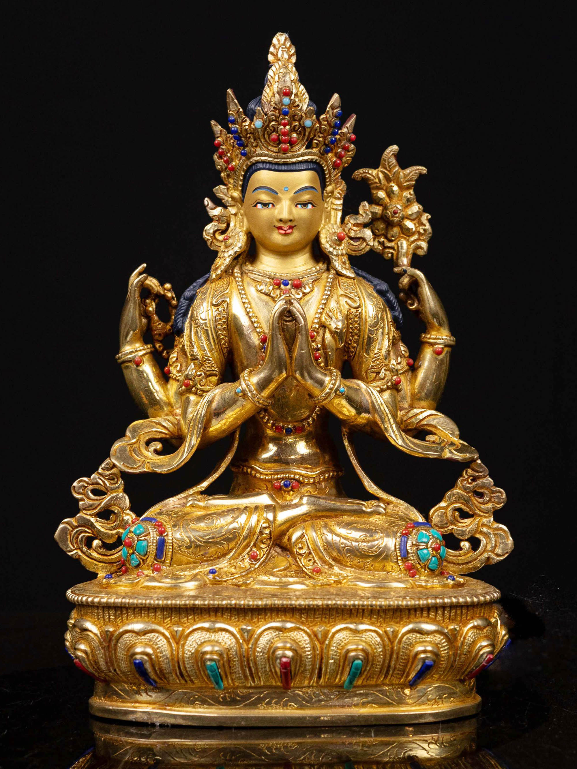 [chenrezig], Buddhist Handmade Statue, [full Gold Plated], [stone Setting], [face Painted]