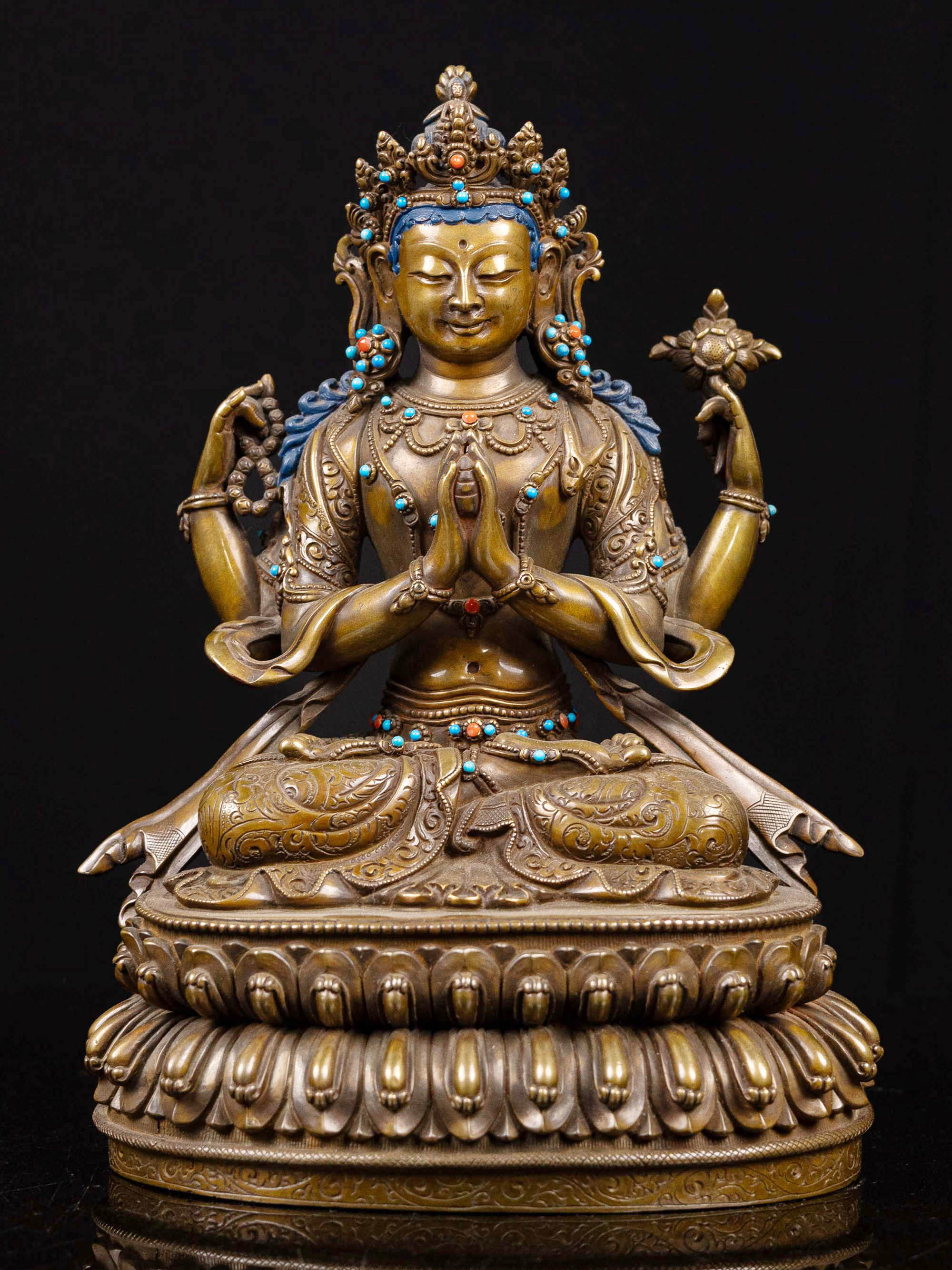 [chenrezig] With Double Base, Buddhist Handmade Statue, [chocolate Oxidized]