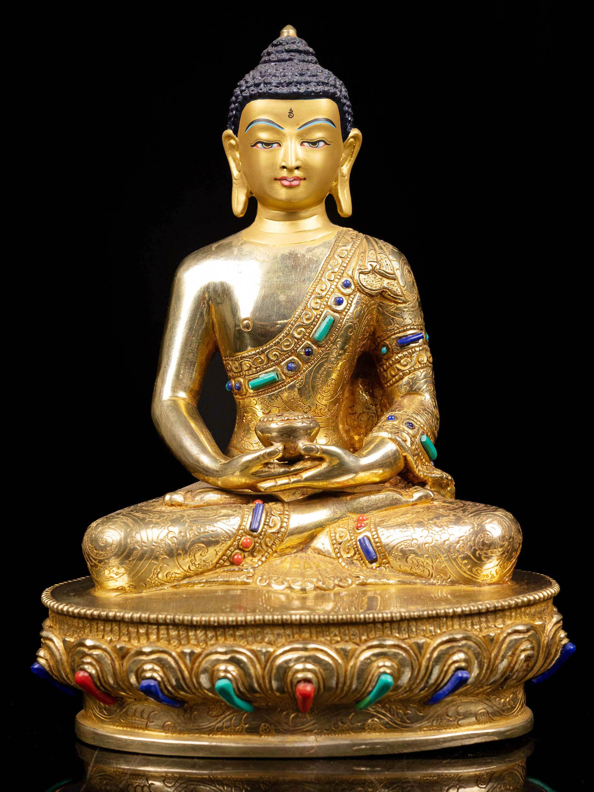 [amitabha Buddha], Buddhist Handmade Statue, [full Gold Plated], [stone Setting], [face Painted]