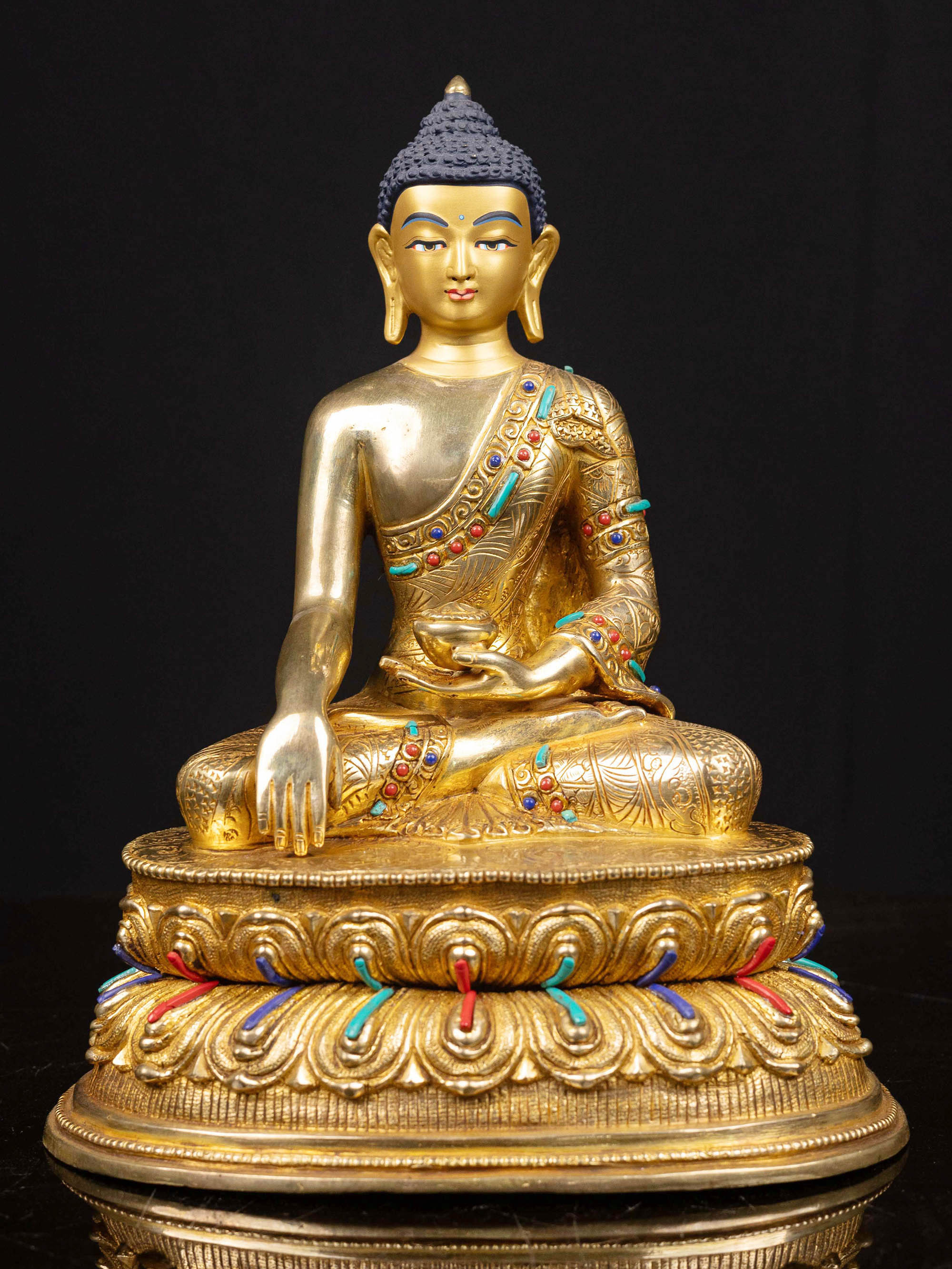 [shakyamuni Buddha] With Double Base, Buddhist Handmade Statue, [full Gold Plated], [stone Setting], [face Painted]