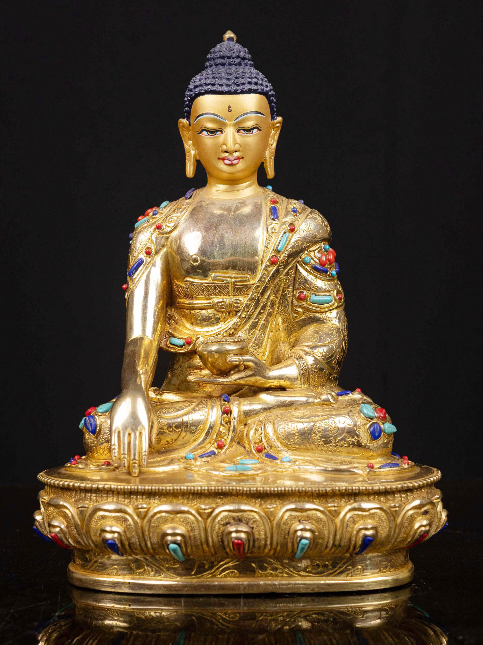 [shakyamuni Buddha], Buddhist Handmade Statue, [full Gold Plated], [stone Setting], [face Painted]