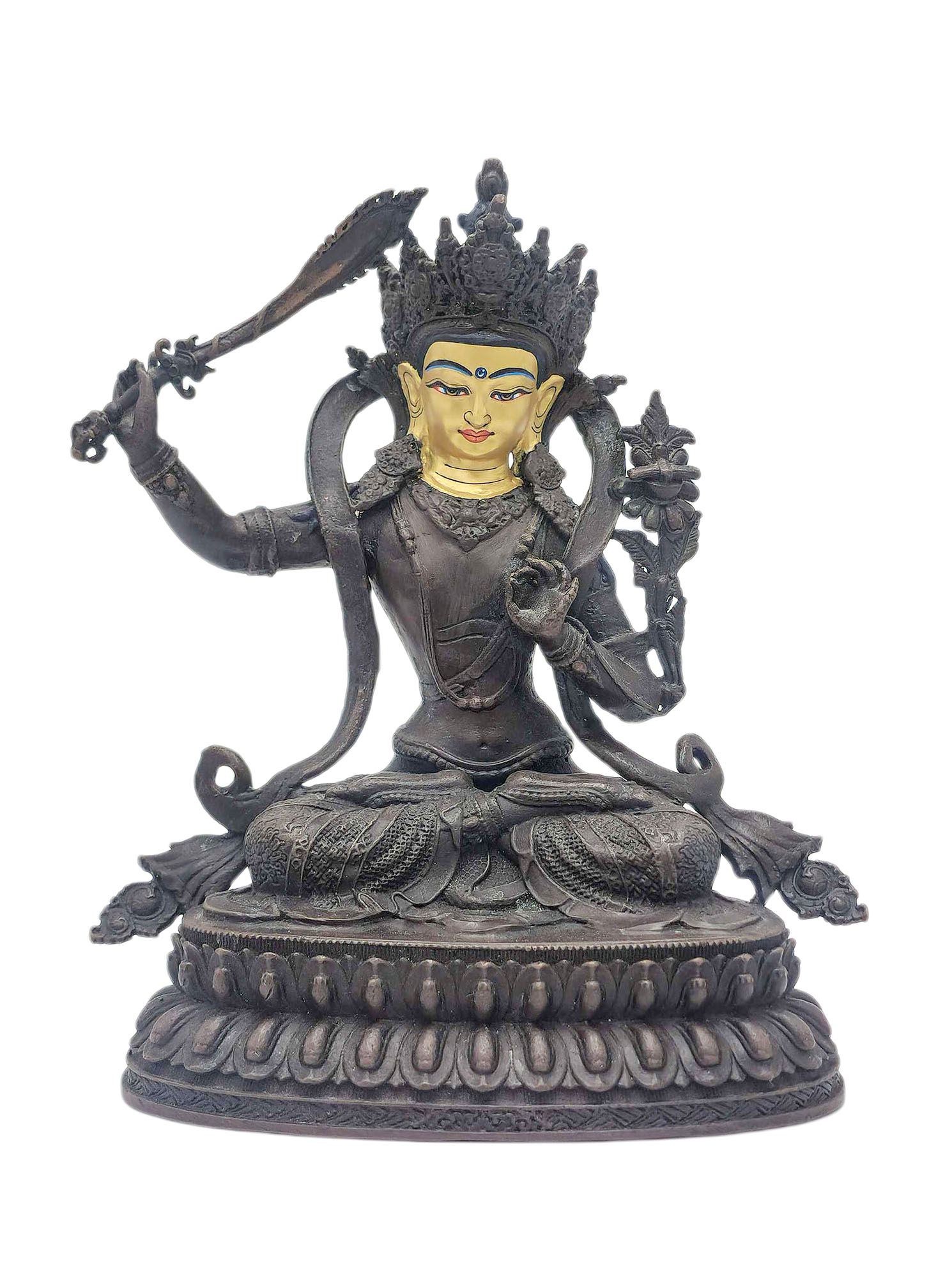 [manjushri], Buddhist Miniature Statue, [chocolate Oxidized], [face Painted]