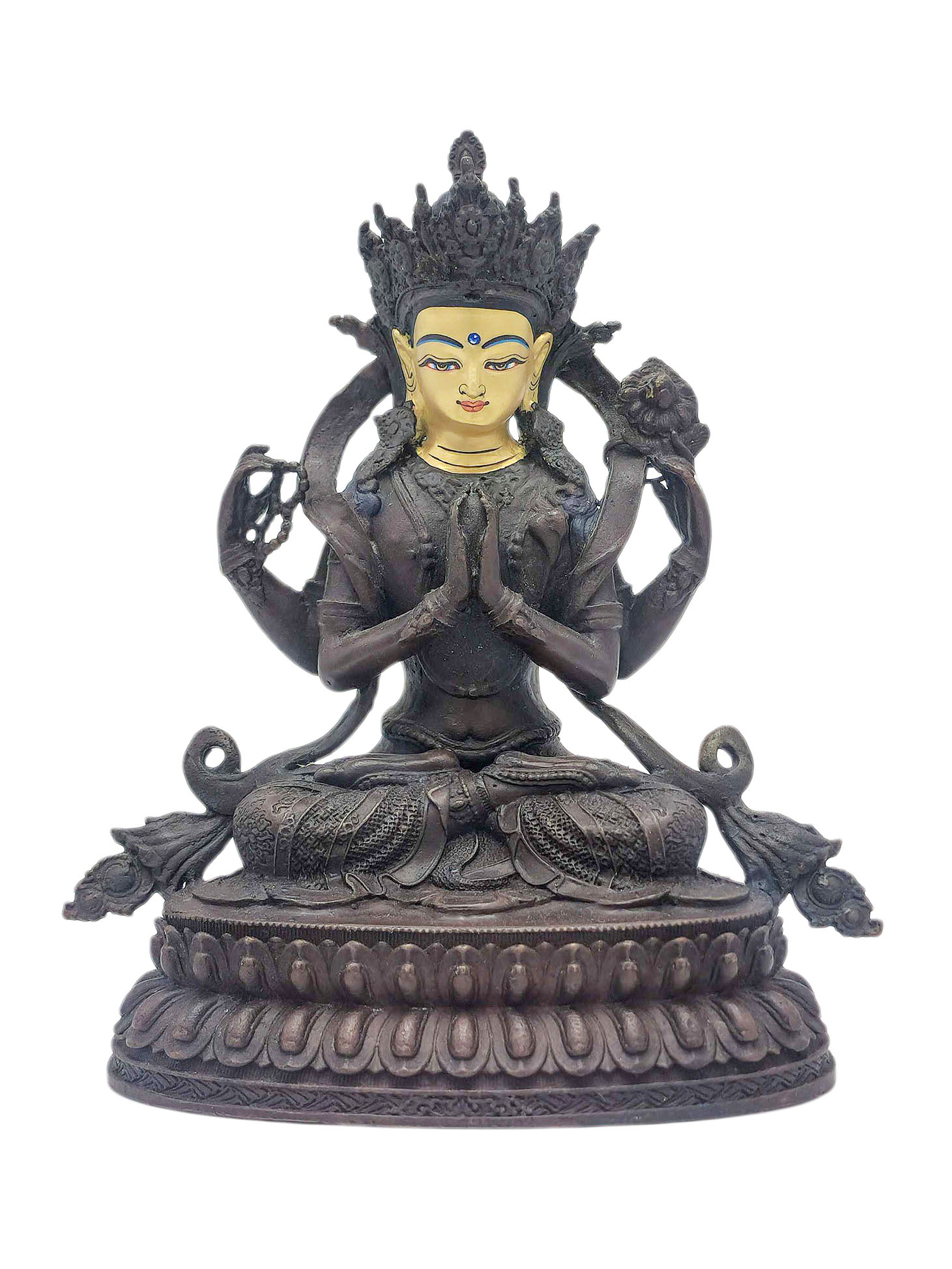 [chenrezig], Buddhist Miniature Statue, [chocolate Oxidized], [face Painted]