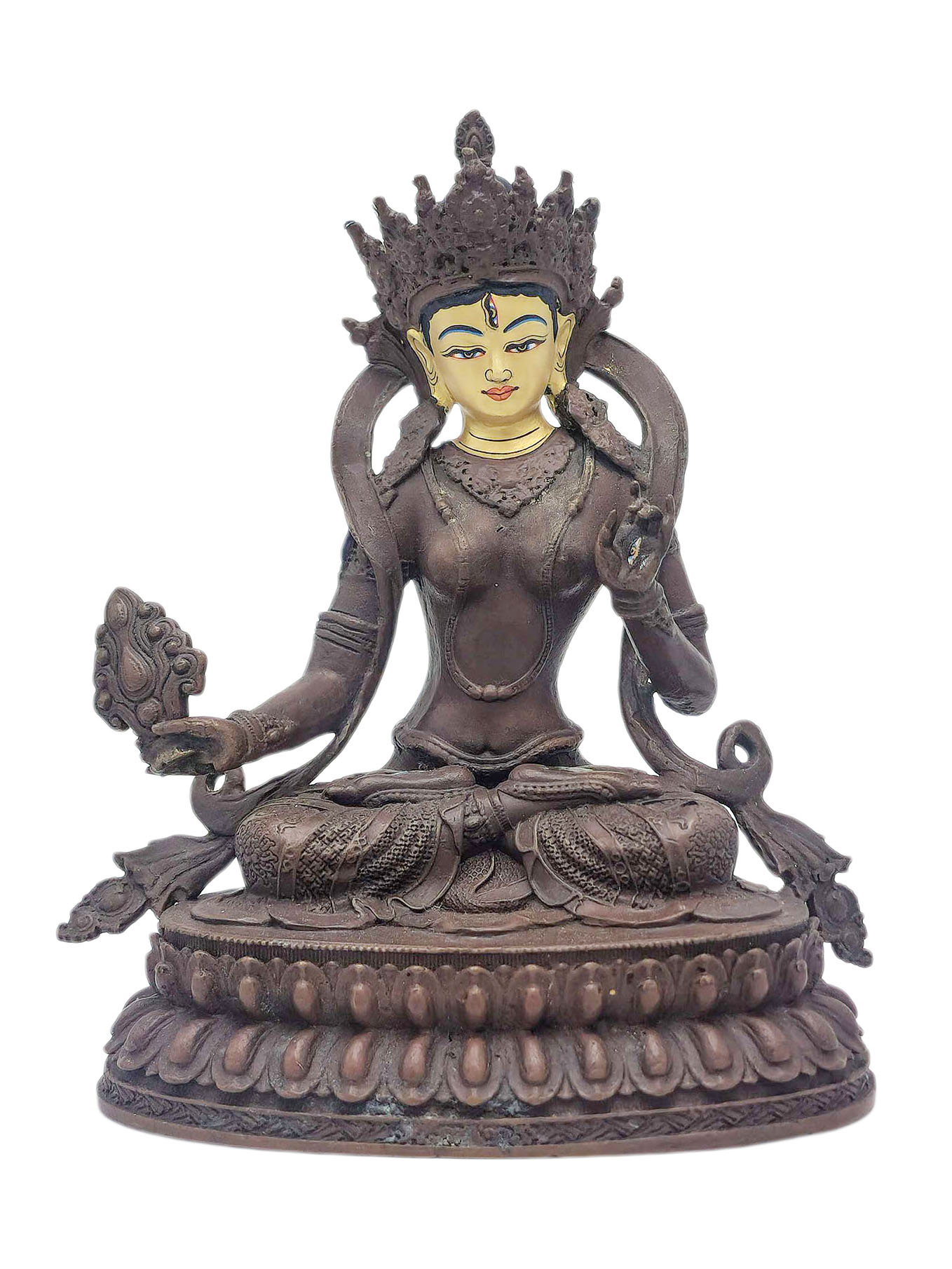 [white Tara], Buddhist Miniature Statue, [chocolate Oxidized], [face Painted]