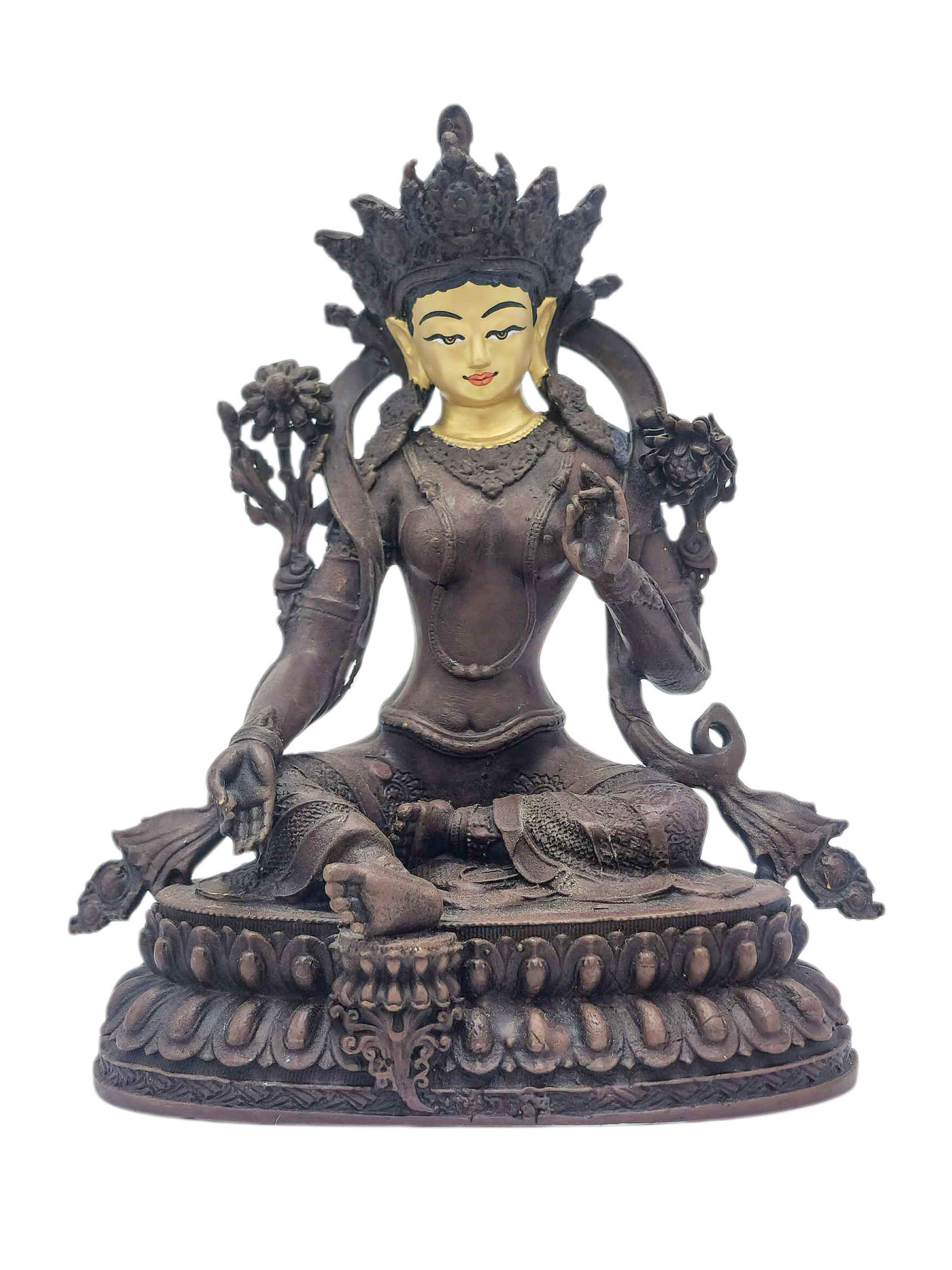 [green Tara], Buddhist Miniature Statue, [chocolate Oxidized], [face Painted]