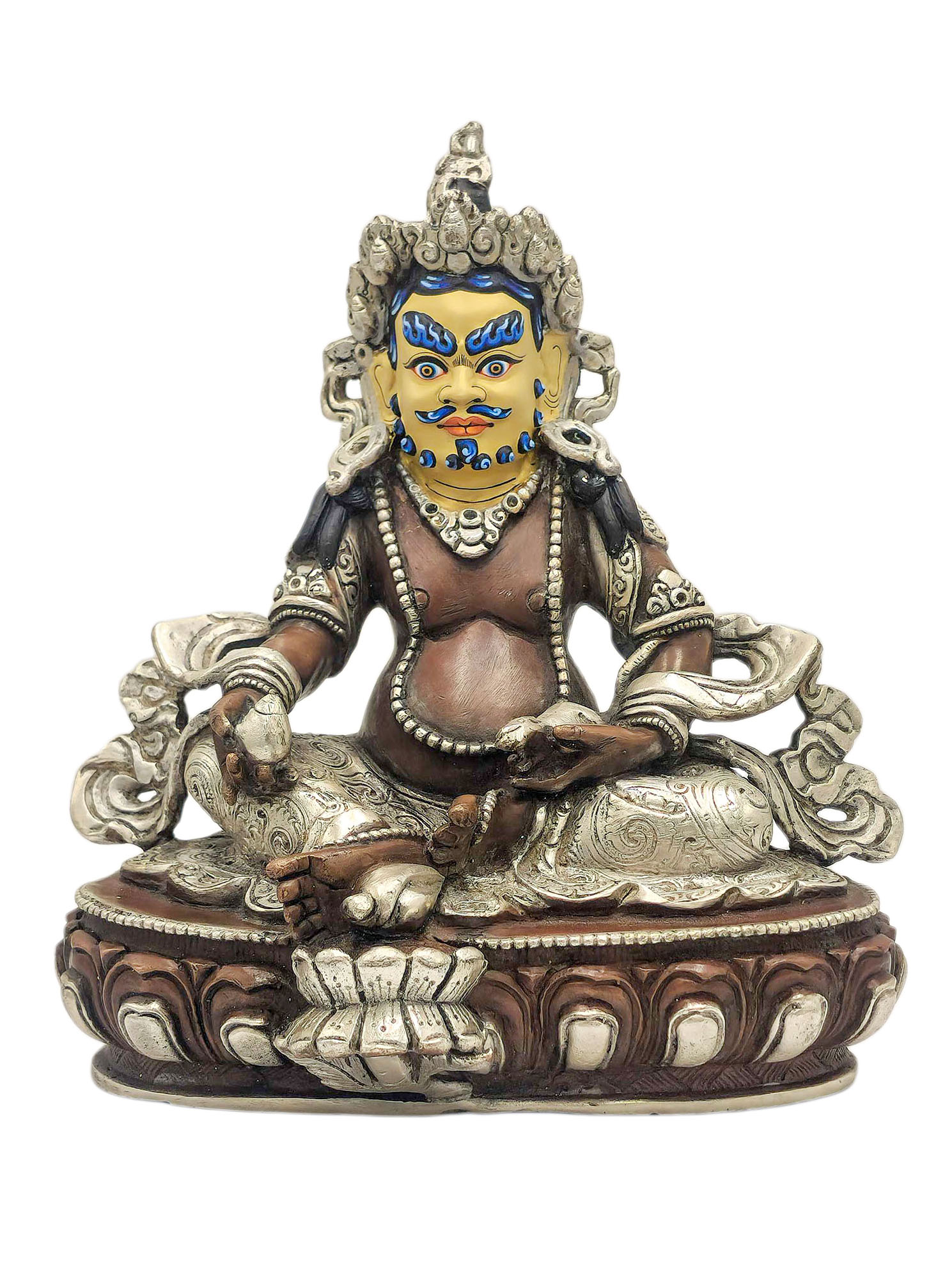 [yellow Jambhala], Buddhist Miniature Statue, [silver And Chocolate Oxidized], [face Painted]