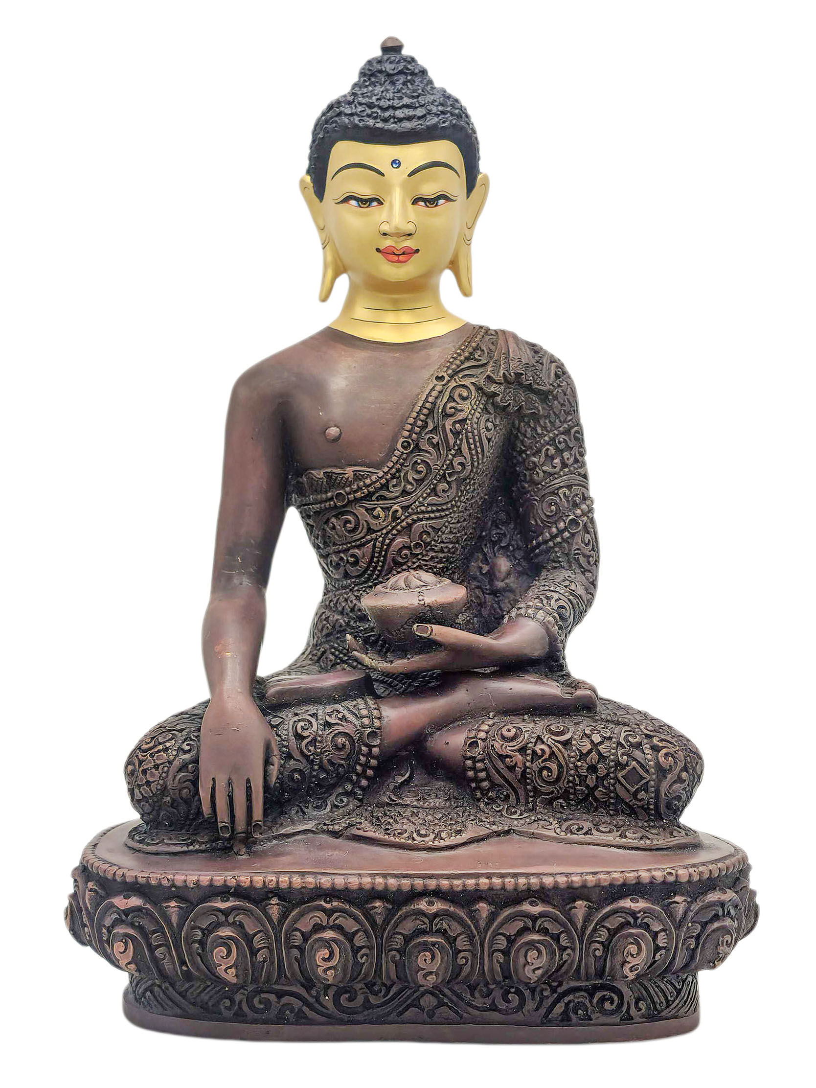 [shakyamuni Buddha], Buddhist Miniature Statue, [chocolate Oxidized], [face Painted]