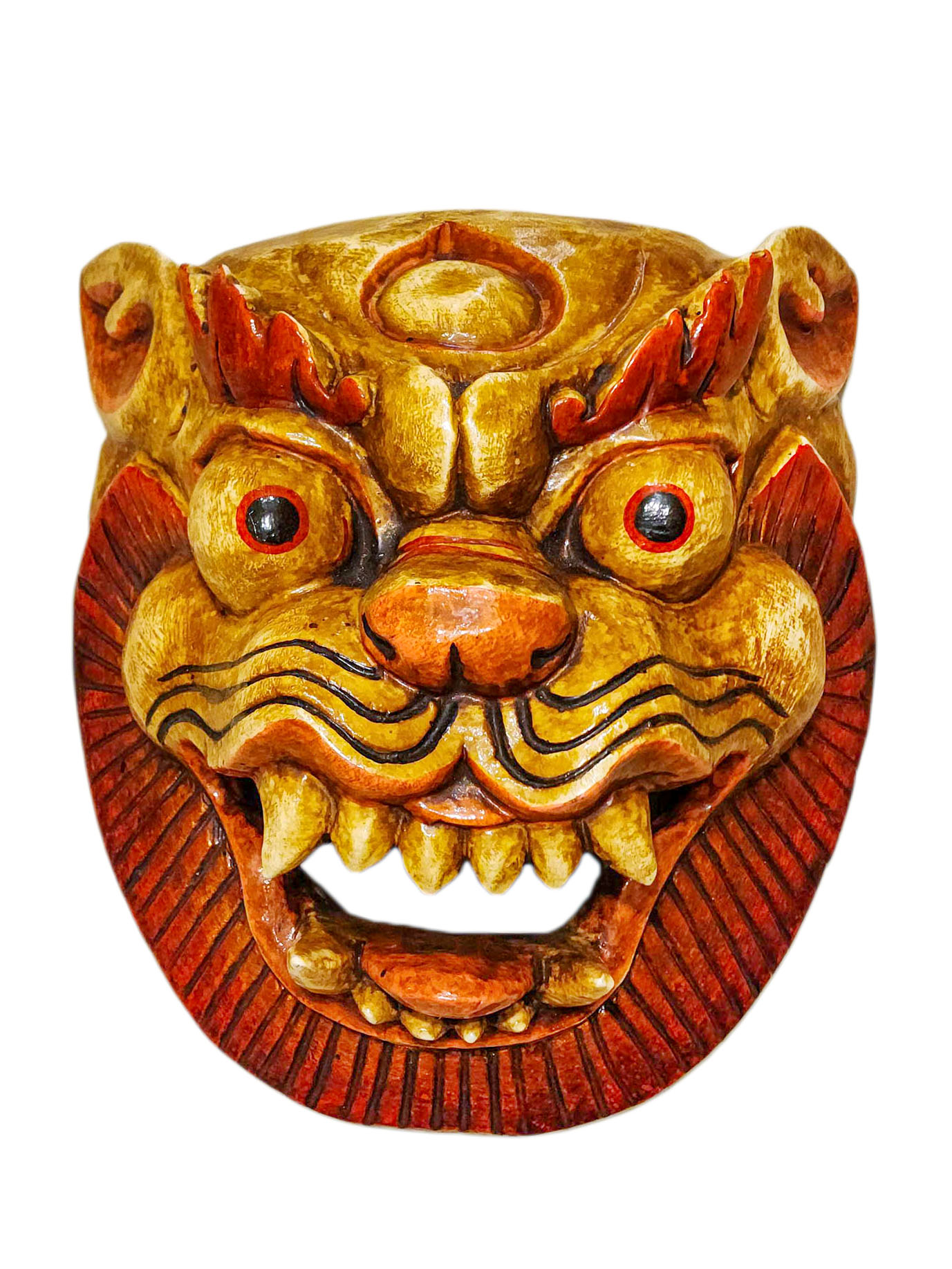 Buddhist Wooden Mask Of [snow Lion], Tibetan Style Wtih [traditional Colors], Poplar Wood