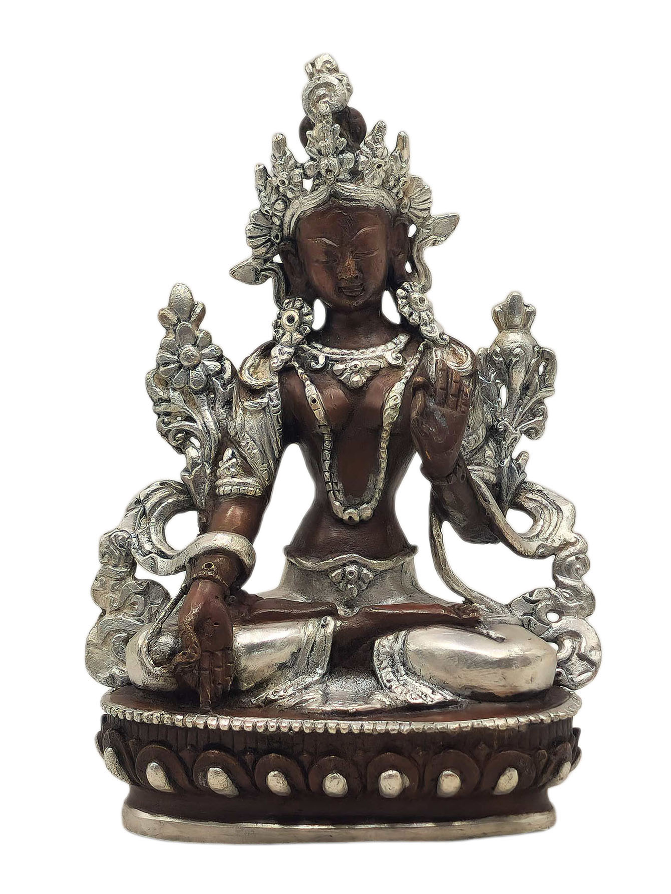 [white Tara], Buddhist Miniature Statue, [silver And Chocolate Oxidized]