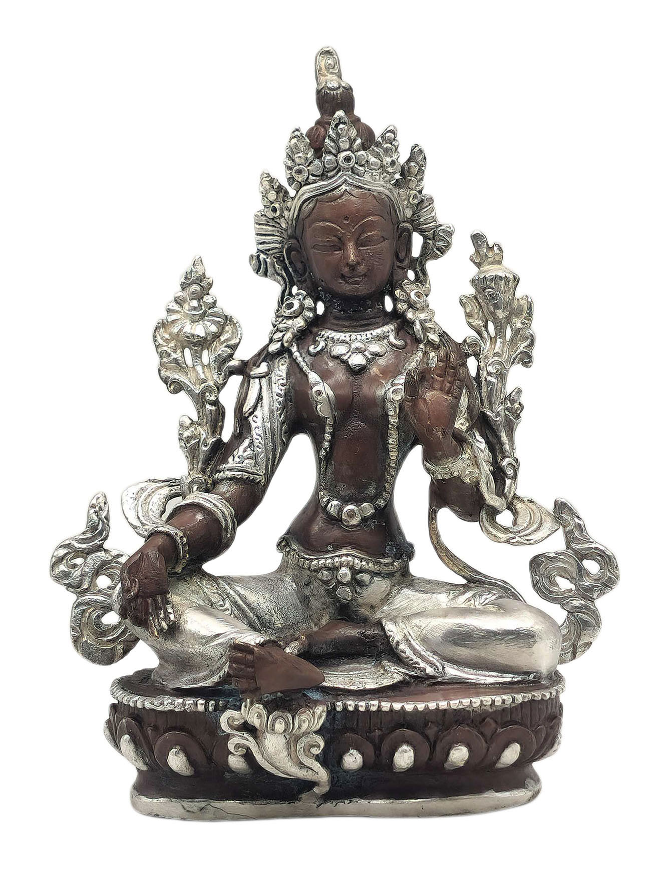 [green Tara], Buddhist Miniature Statue, [silver And Chocolate Oxidized]