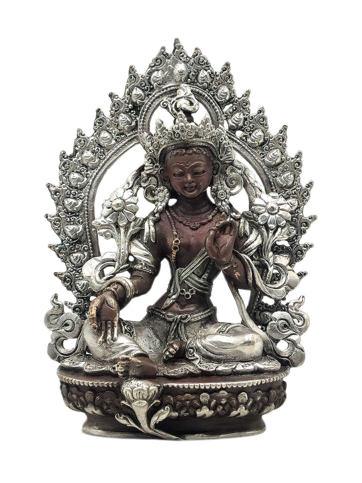 [green Tara], Buddhist Miniature Statue, [silver And Chocolate Oxidized]