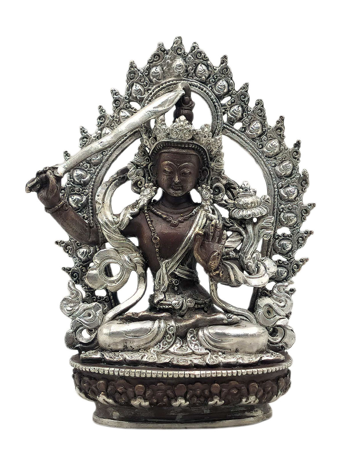 [manjushri], Buddhist Miniature Statue, [silver And Chocolate Oxidized]