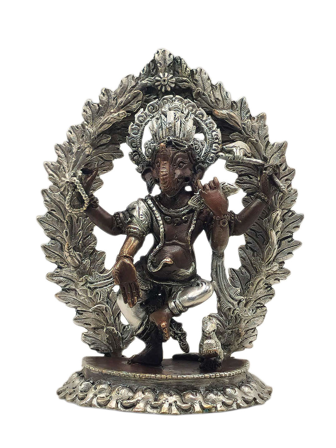 [four Arms Ganesh], Buddhist Miniature Statue, [silver And Chocolate Oxidized]