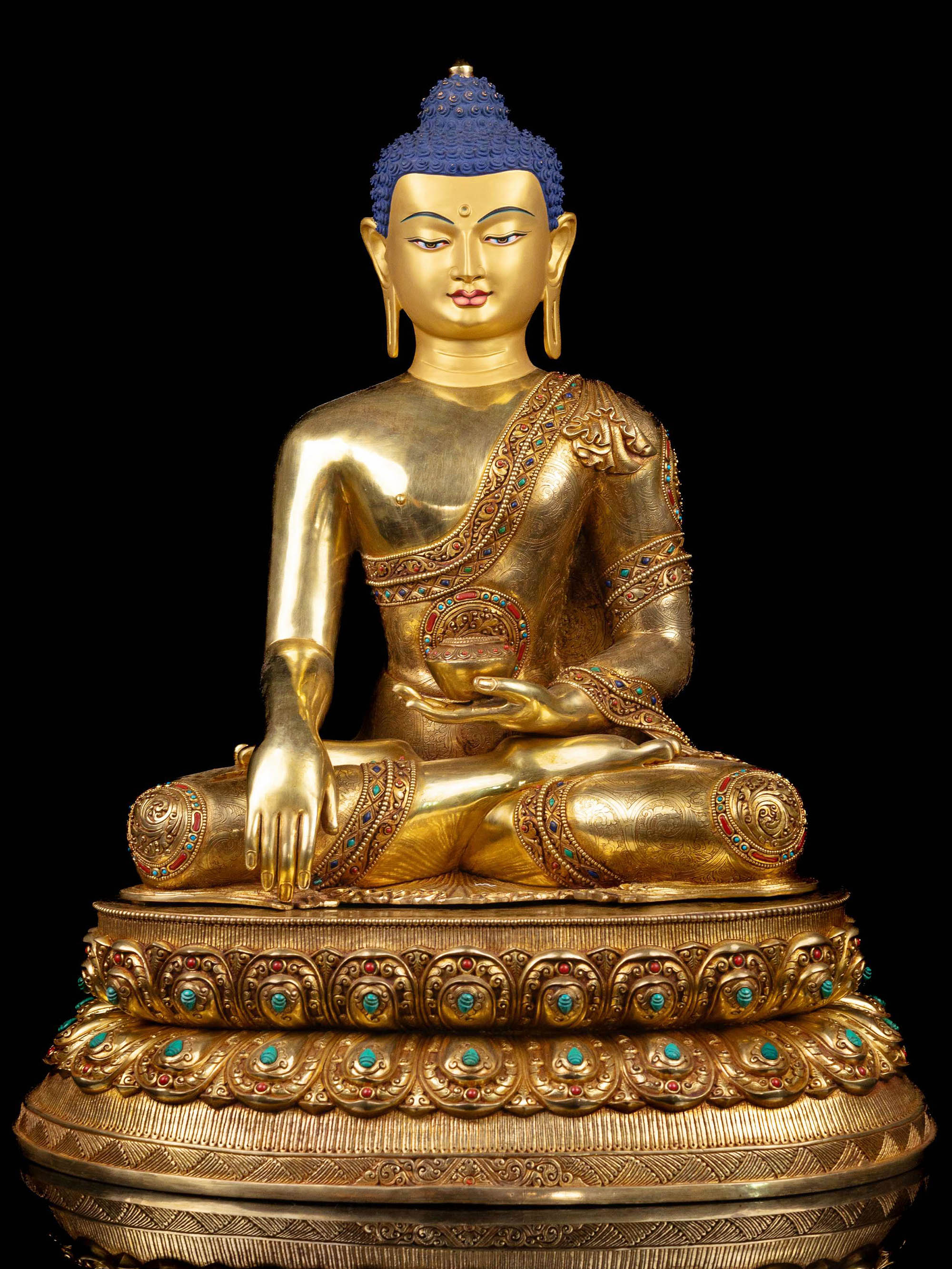 [shakyamuni Buddha] On Double Base, Buddhist Handmade Statue, [full Gold Plated], [face Painted]