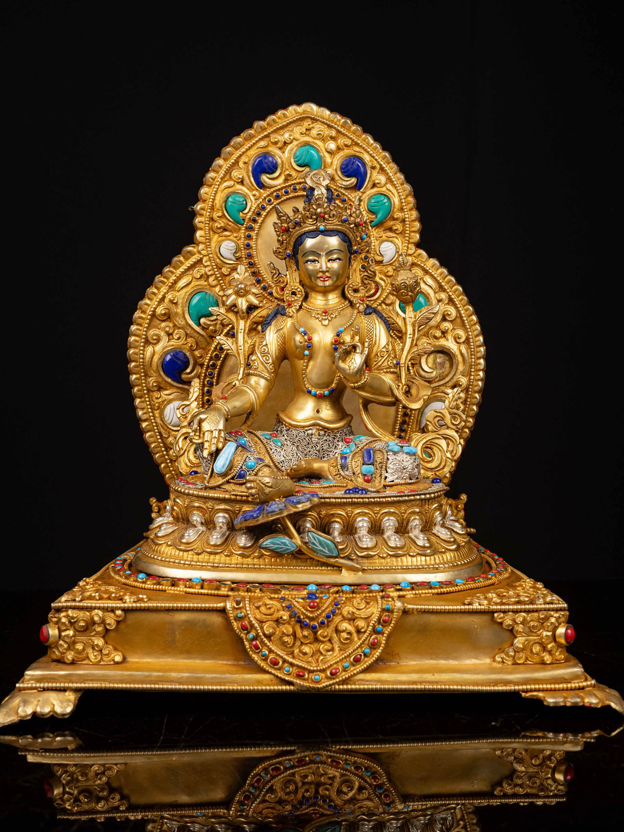 [green Tara] On Throne, Buddhist Handmade Statue, [full Gold Plated], [face Painted]