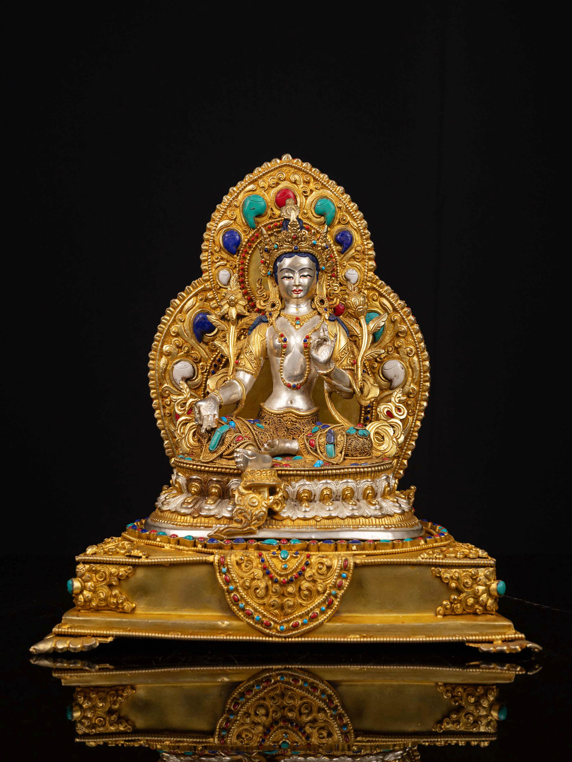 [green Tara] On Throne, Buddhist Handmade Statue, [full Gold Plated], [face Painted]