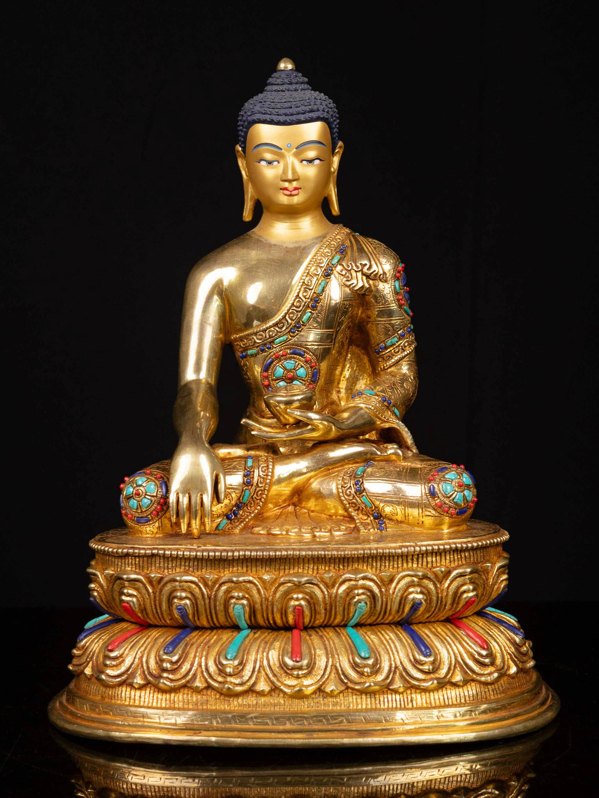 [shakyamuni Buddha] On Double Base, Buddhist Handmade Statue, [full Gold Plated], [face Painted]