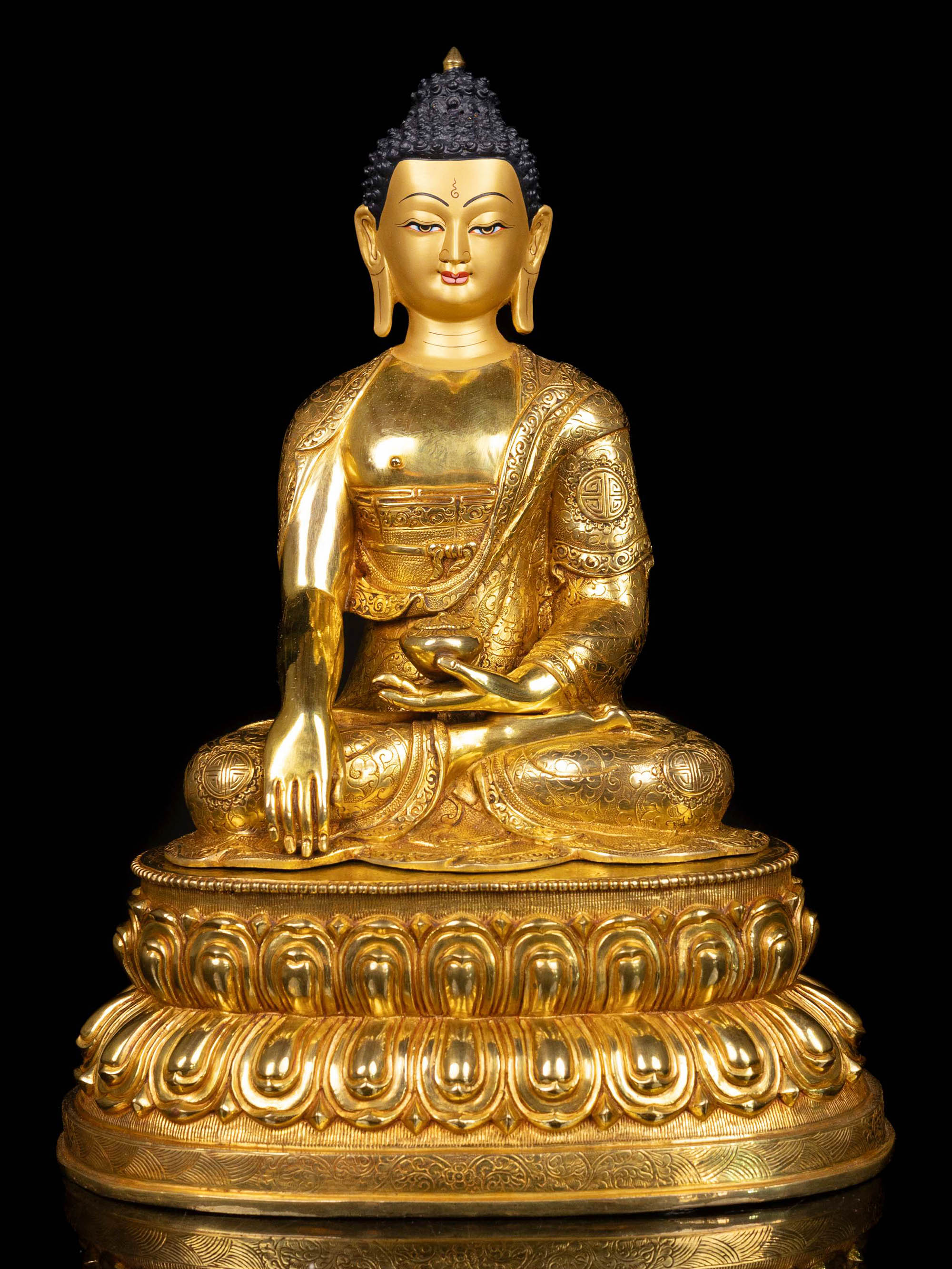 [shakyamuni Buddha] On Double Base, Buddhist Handmade Statue, [full Gold Plated], [face Painted]