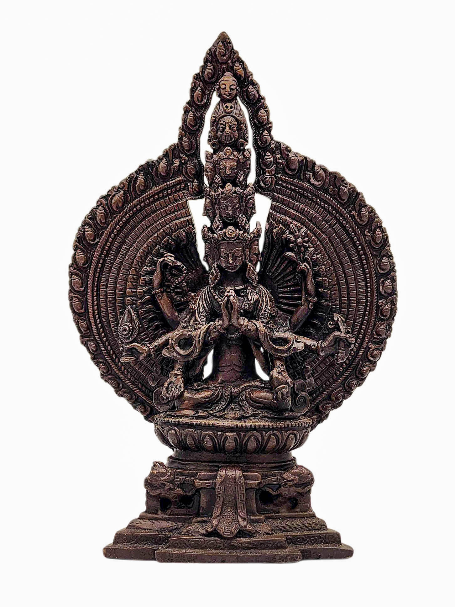 [sitting 1000 Arm Lokeshvara], [sahasrabhuja Avalokitesvara], Buddhist Miniature Statue, [chocolate Oxidized]