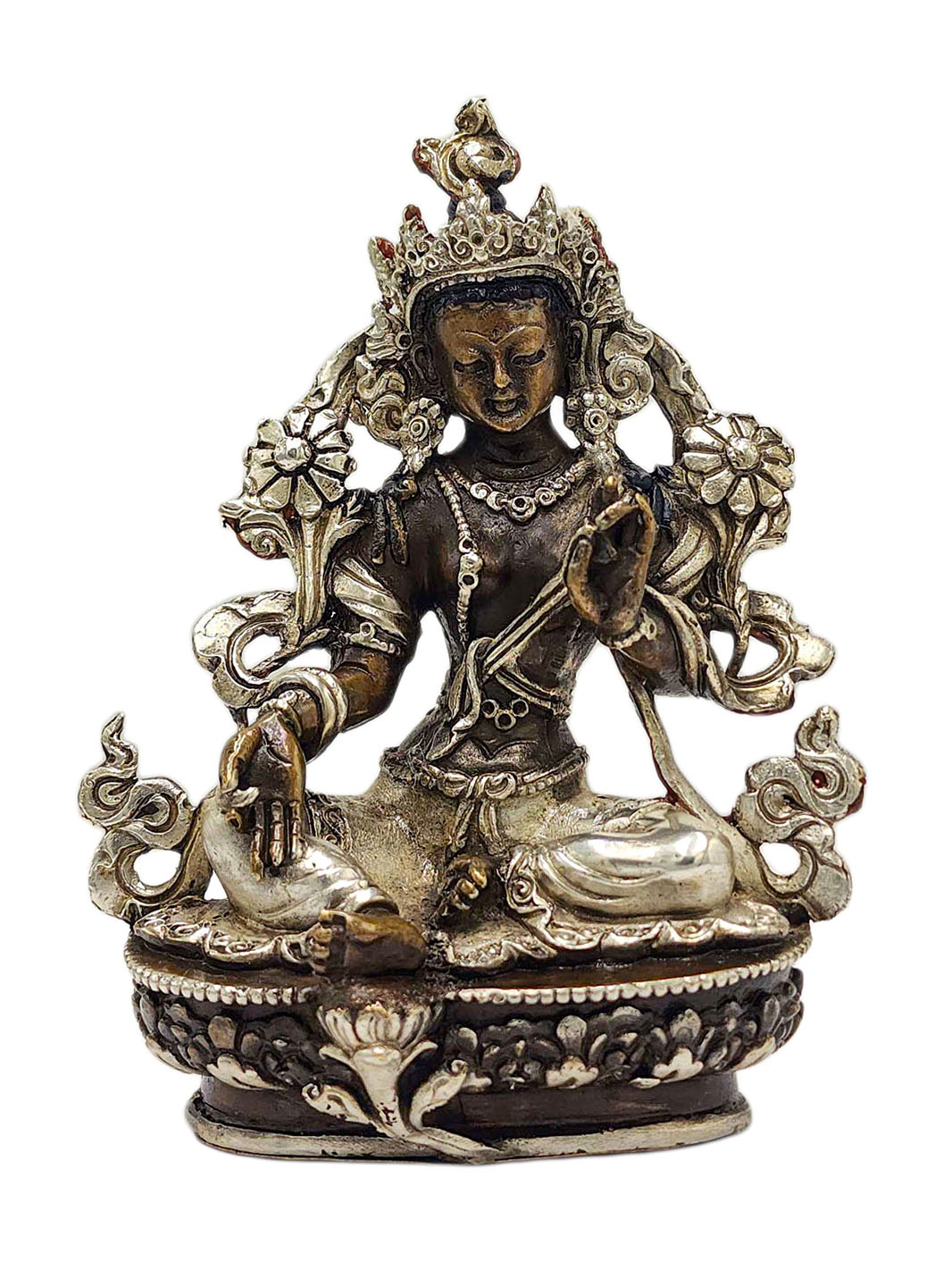 [green Tara], Buddhist Miniature Statue, [silver And Chocolate Oxidized]