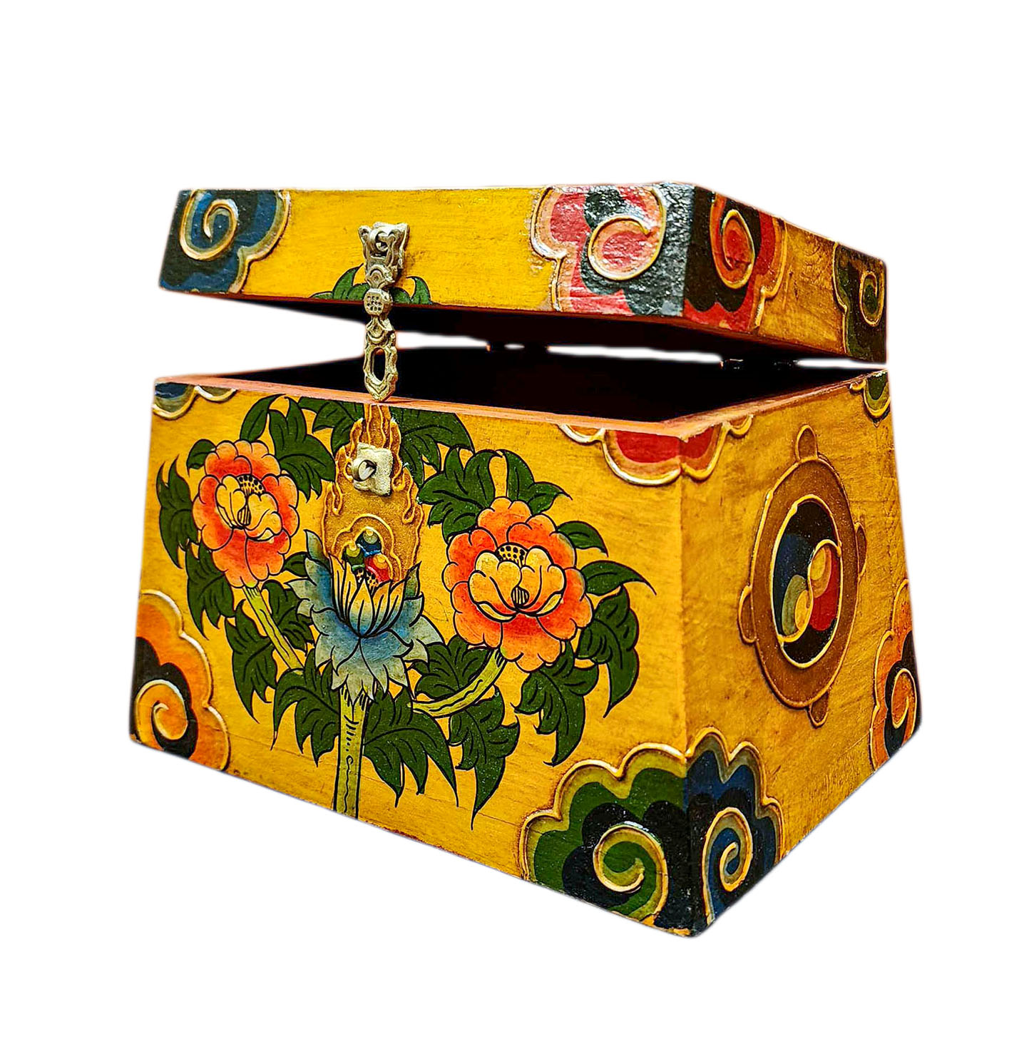 Buddhist Wooden Box With [lotus] Design, Tibetan Style With Traditional Colors