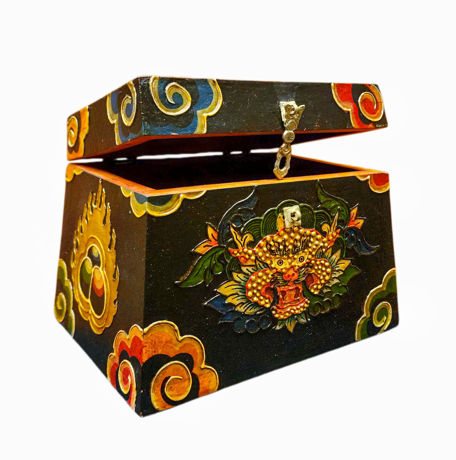 Buddhist Wooden Box With [cheppu] Design, Tibetan Style With Traditional Colors